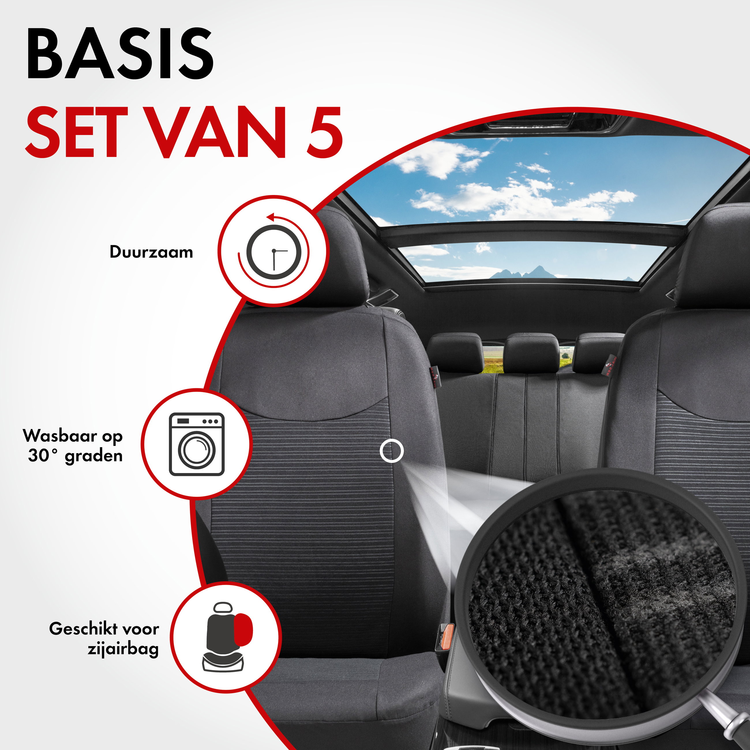 Autostoelbekleding Speedway met Zipper ZIPP-IT, Autostoelhoes set, 2 stoelbeschermer voor voorstoel, 1 stoelbeschermer voor achterbank zwart