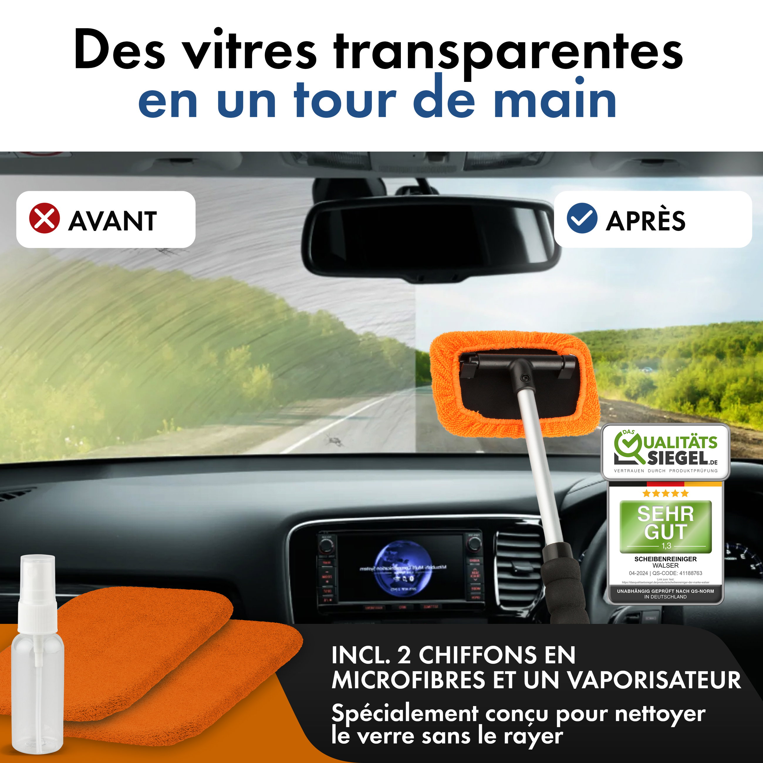 Nettoyeur de vitres avec vaporisateur télescopique 26 - 42 cm orange