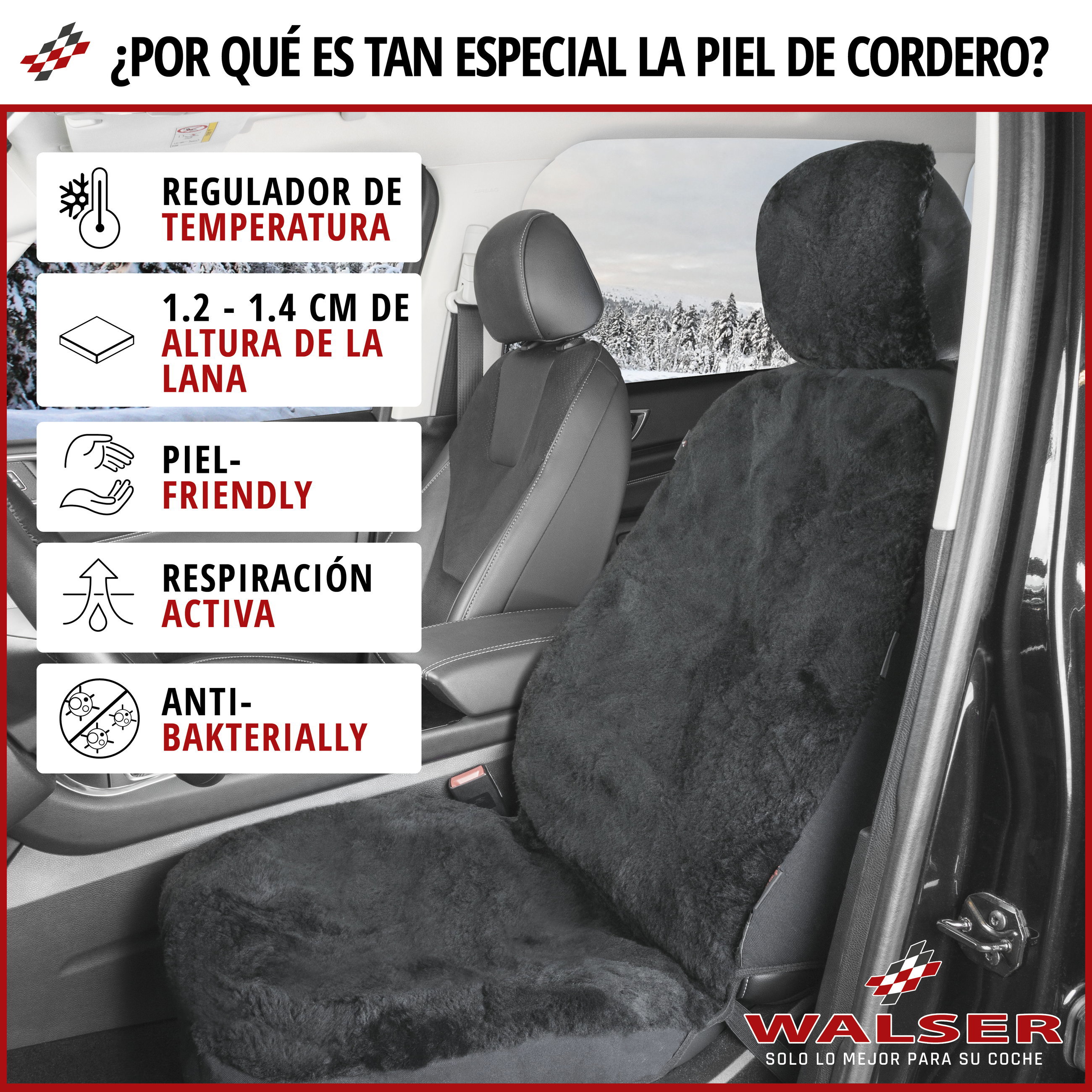 Funda de asiento Iva de piel de cordero, funda protectora de coche asiento individual, ZIPP-IT piel de corderofunda con cremallera negro, 1 pieza