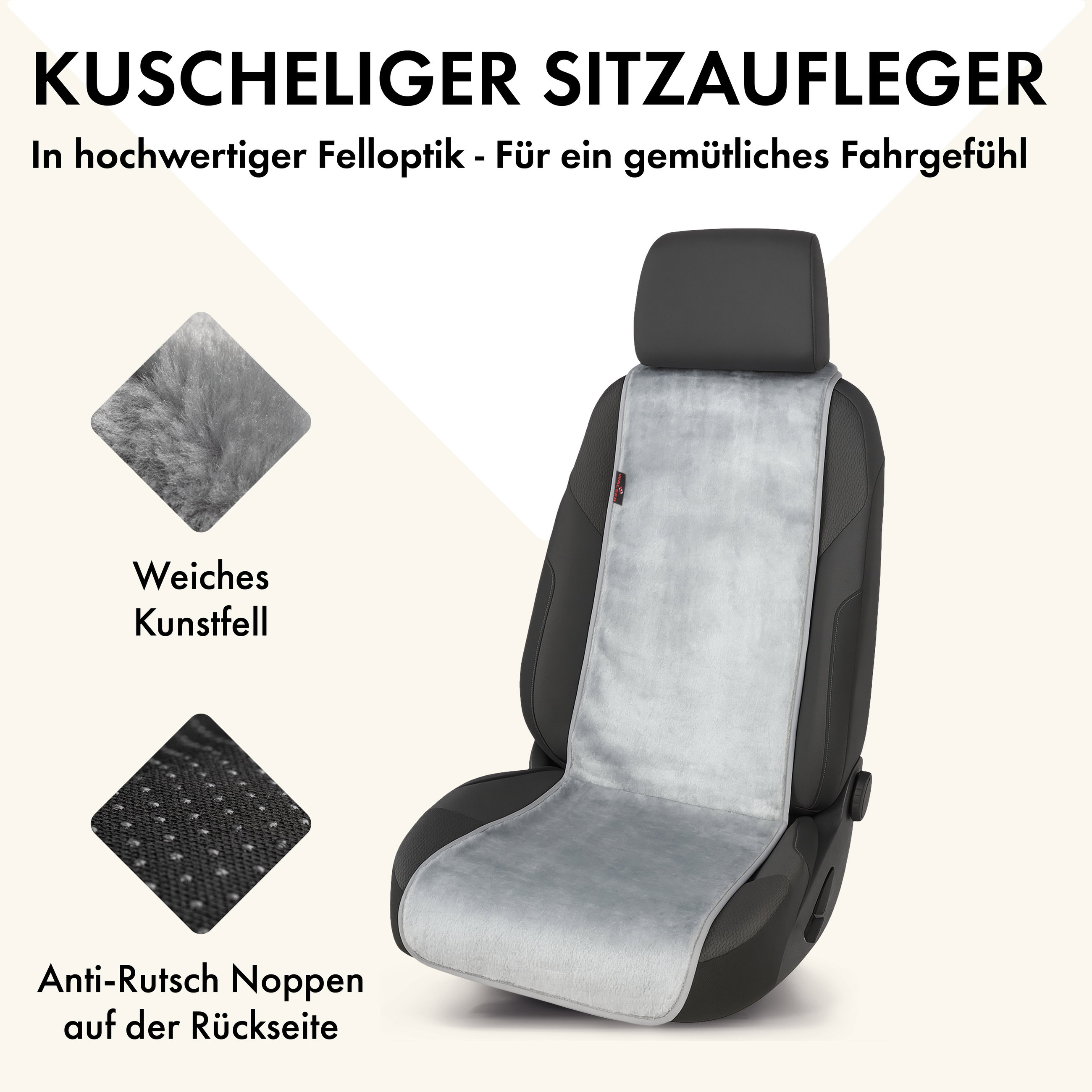 Auto Sitzauflage Teddy, Kunstfell PKW Sitzschoner für Einzelsitz, Kunstfellbezug silber, 1 Stück