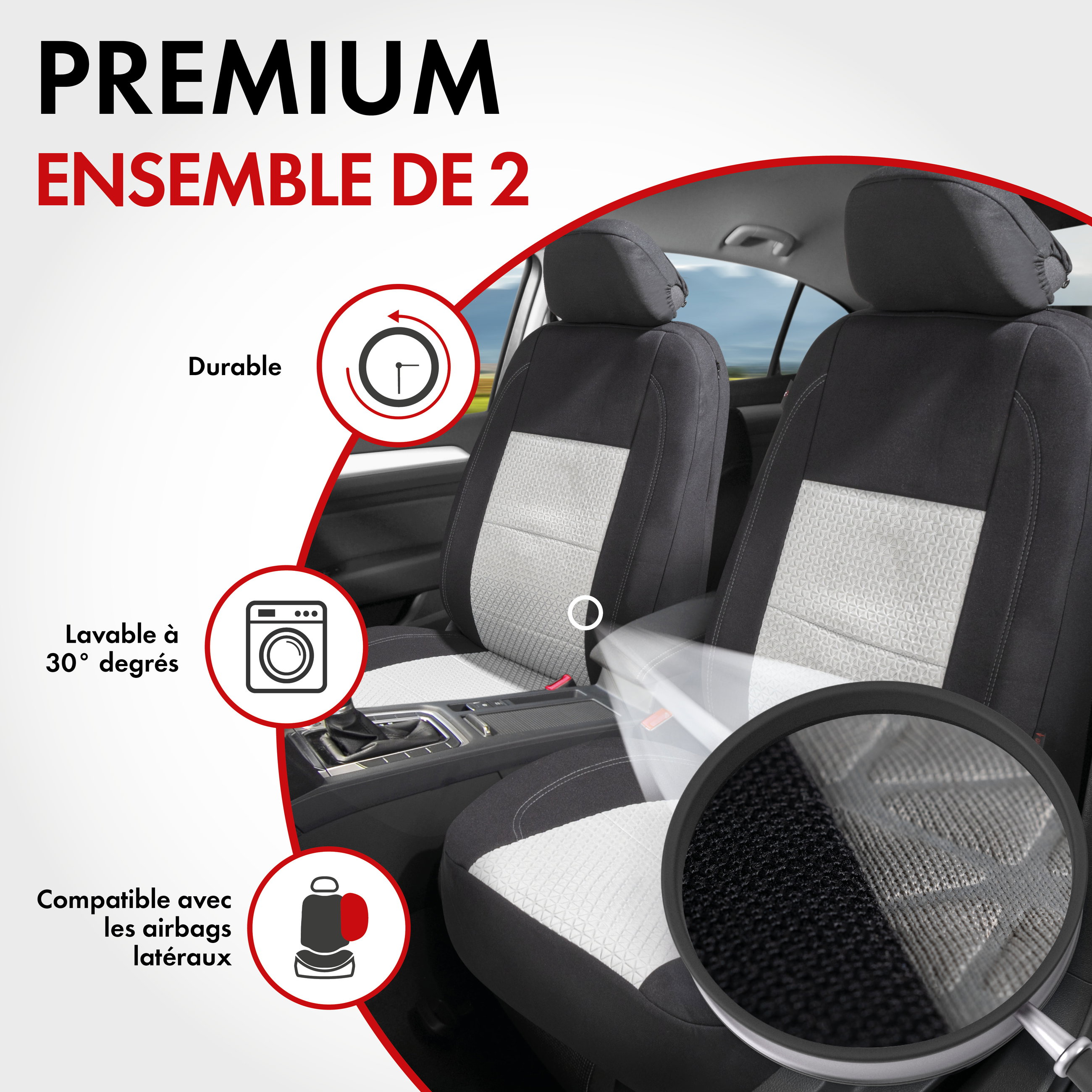 ZIPP IT Premium Housse de sièges Avignon pour deux sièges avant avec système de fermeture éclair noir/argent