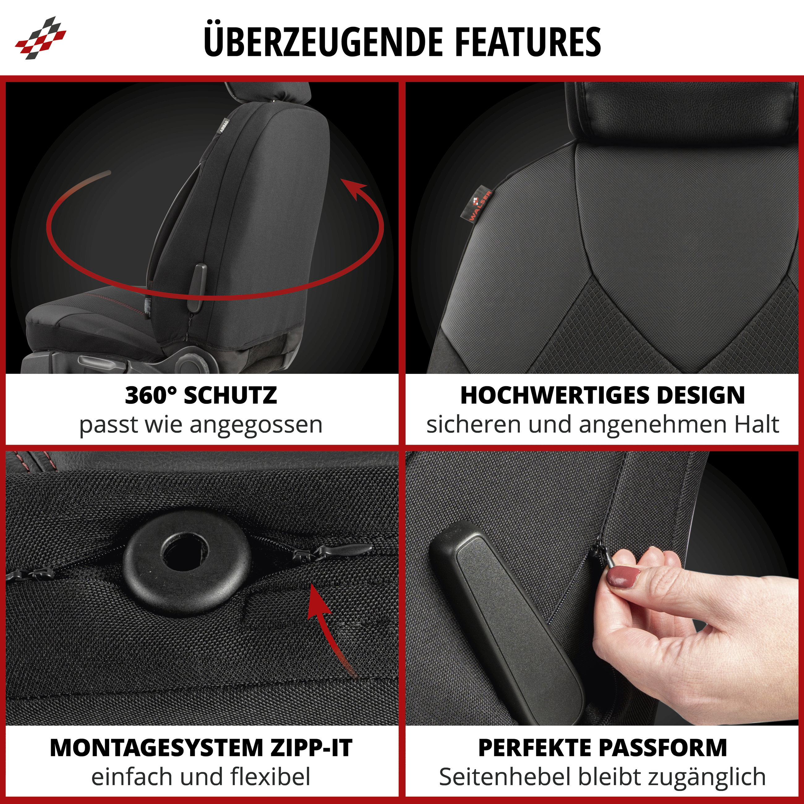 Autositzbezug ZIPP-IT Deluxe Portofino, PKW-Schonbezüge für 2 Vordersitze mit Reißverschluss-System schwarz/rot