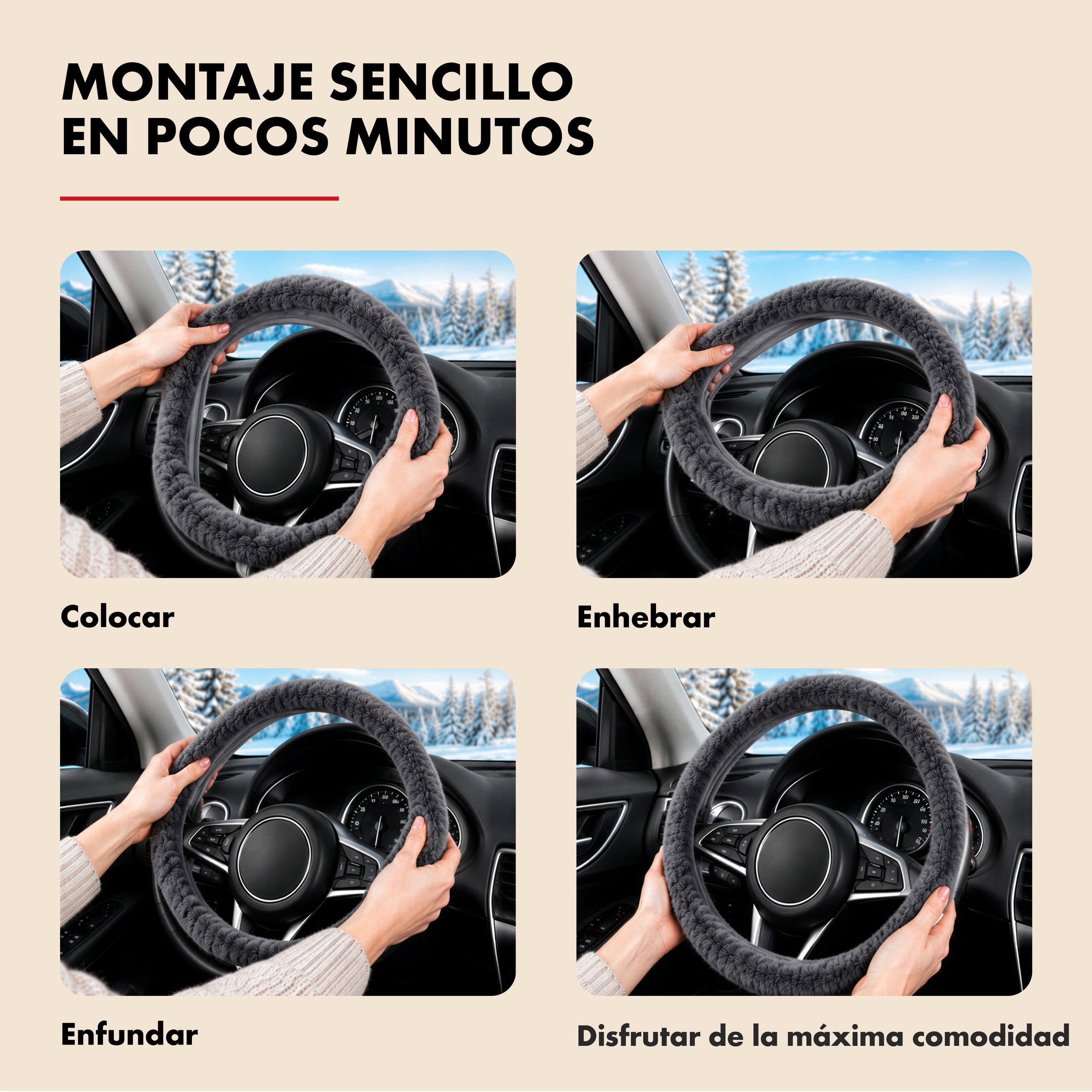 Funda de volante piel de cordero, protector de volante de coche, funda de volante talla universal beige