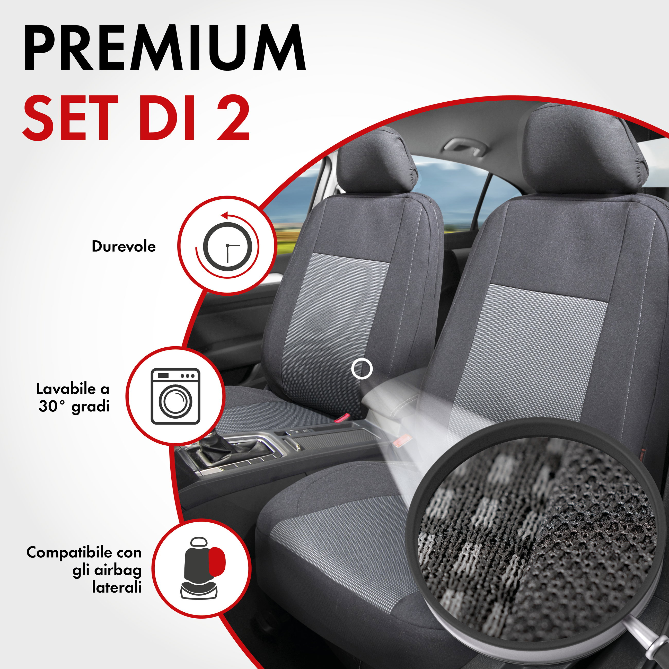 ZIPP IT Premium Coprisedili Ardwell per due sedili anteriori con sistema di chiusura lampo nero/grigio