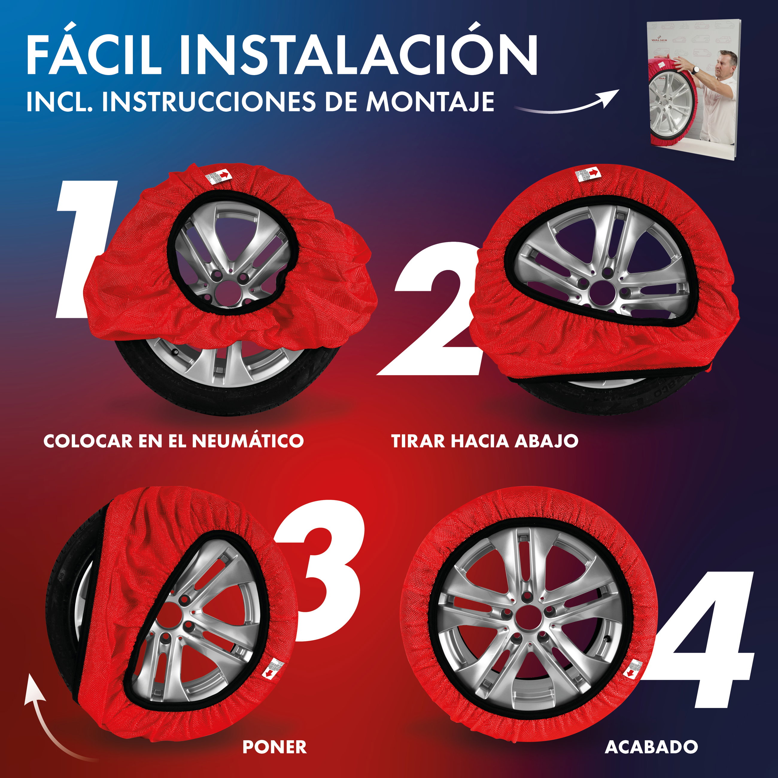 Cadenas de nieve textiles Easygo L, juego de 2 cadenas textiles homologadas según norma UE 16662-1, cadenas de nieve para coche, fundas de nieve coche invierno 2 unidades rojo
