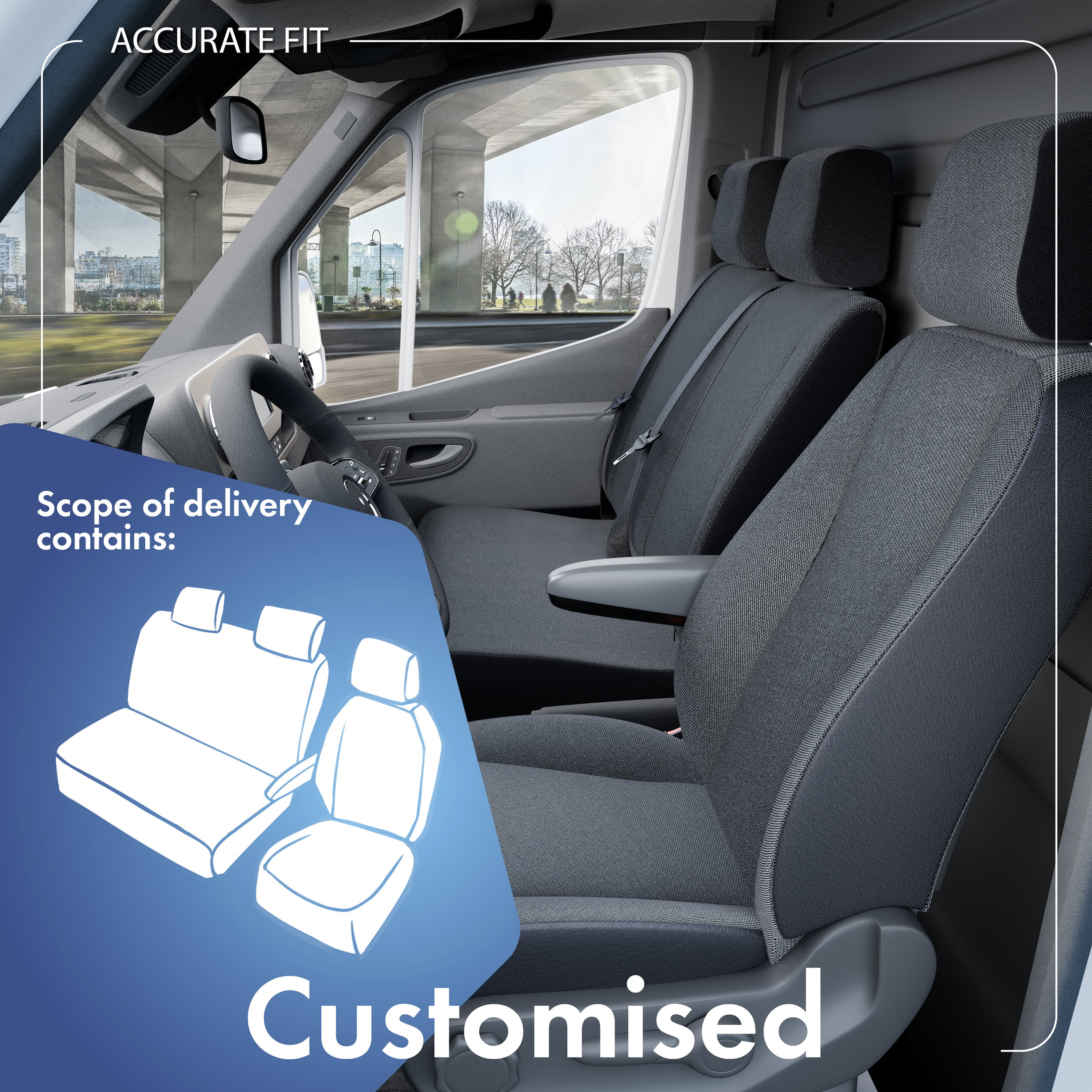 Seat cover made of fabric for VW LT, Mercedes Sprinter, 1 single seat at the front (armrest cut-out) & double seat at the front
