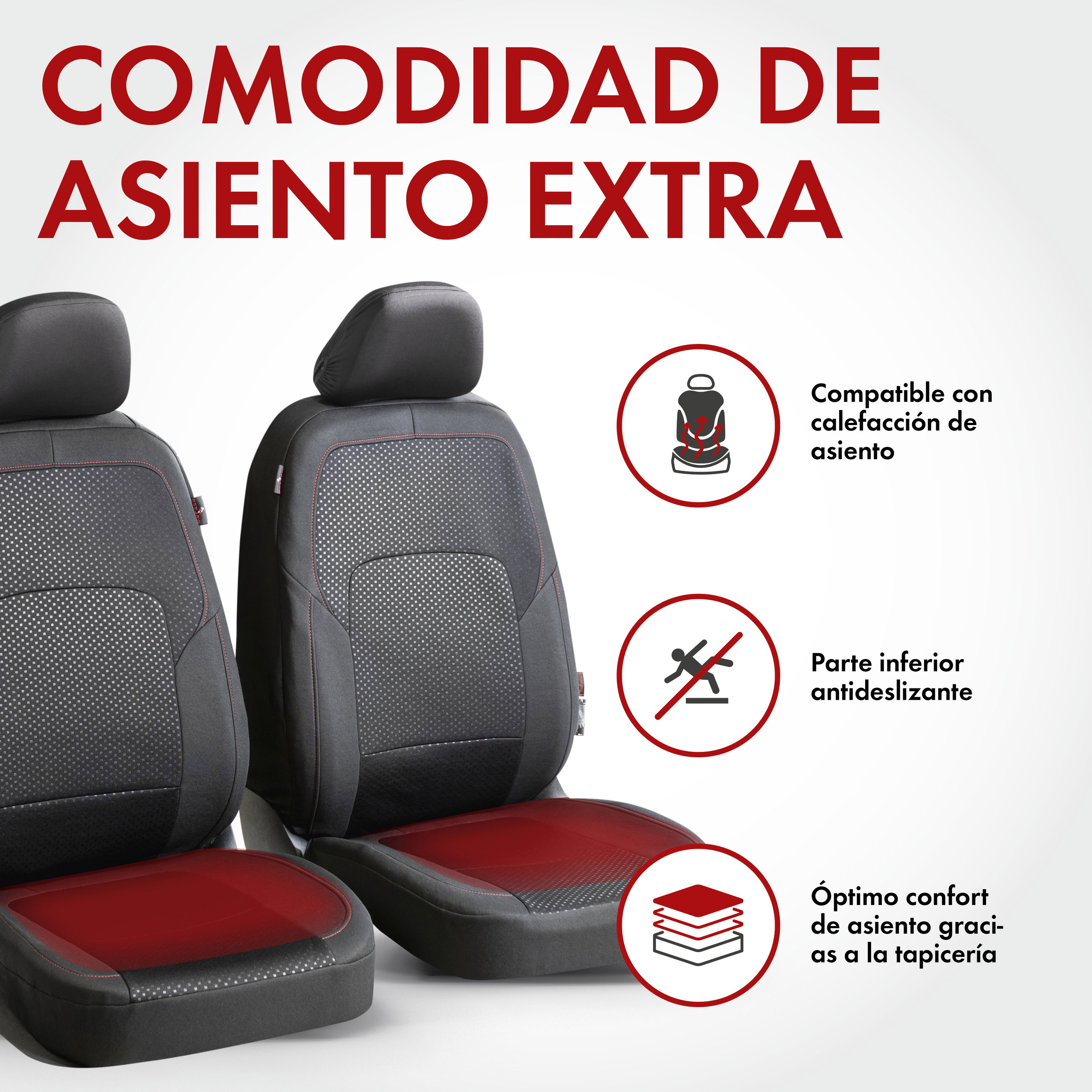 Funda de asiento ZIPP-IT Premium Logan, fundas protectoras de coche para 2 asientos delanteros con sistema de cremallera negro/rojo