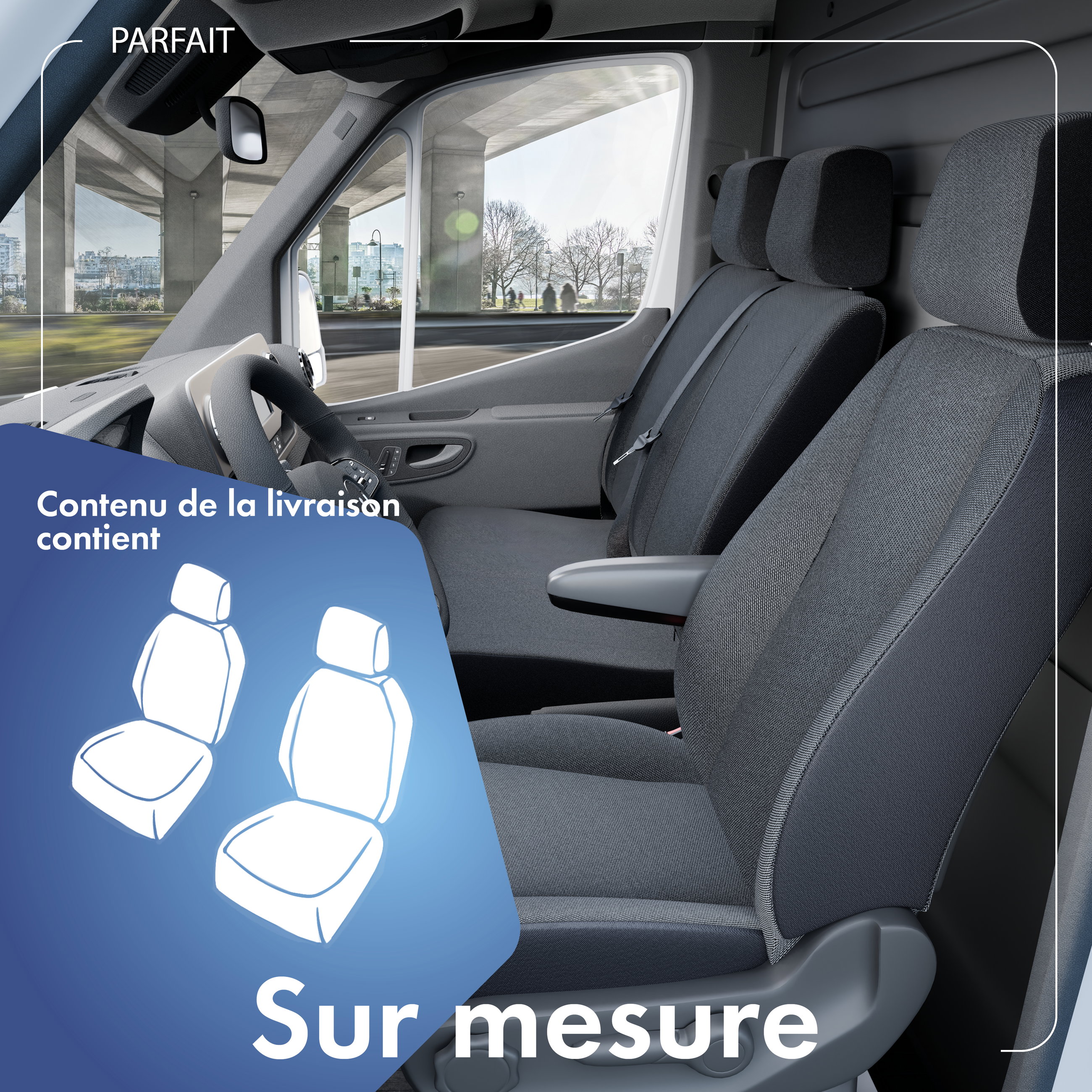 Housse de siège Transporter en tissu pour Renault Kangoo (Type W), 2 sièges simples à l'avant