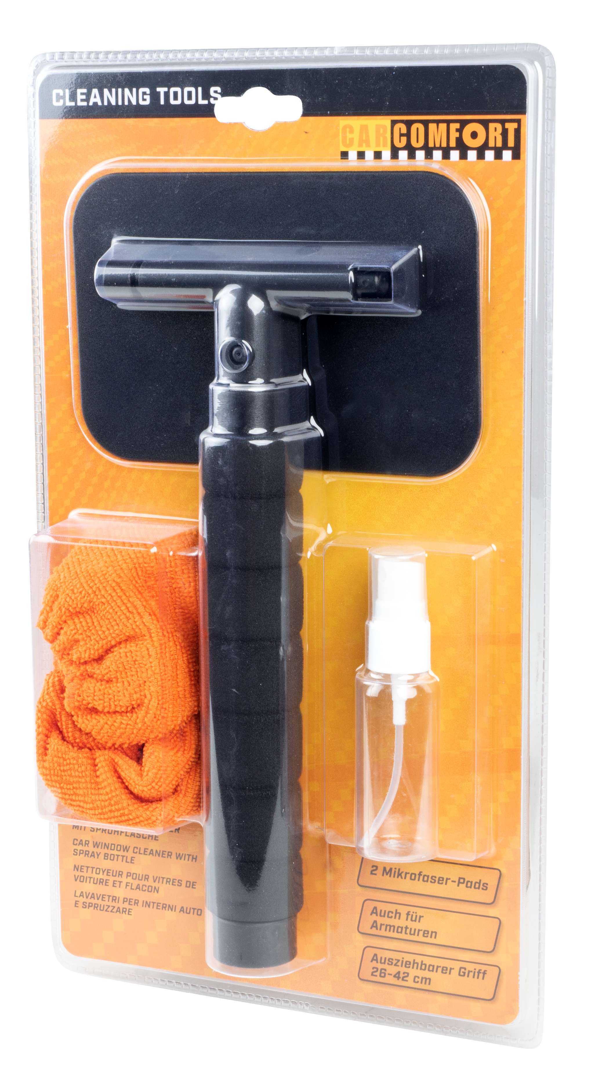 Pulitore per vetri incl. flacone spray telescopico 26 - 42 cm arancione
