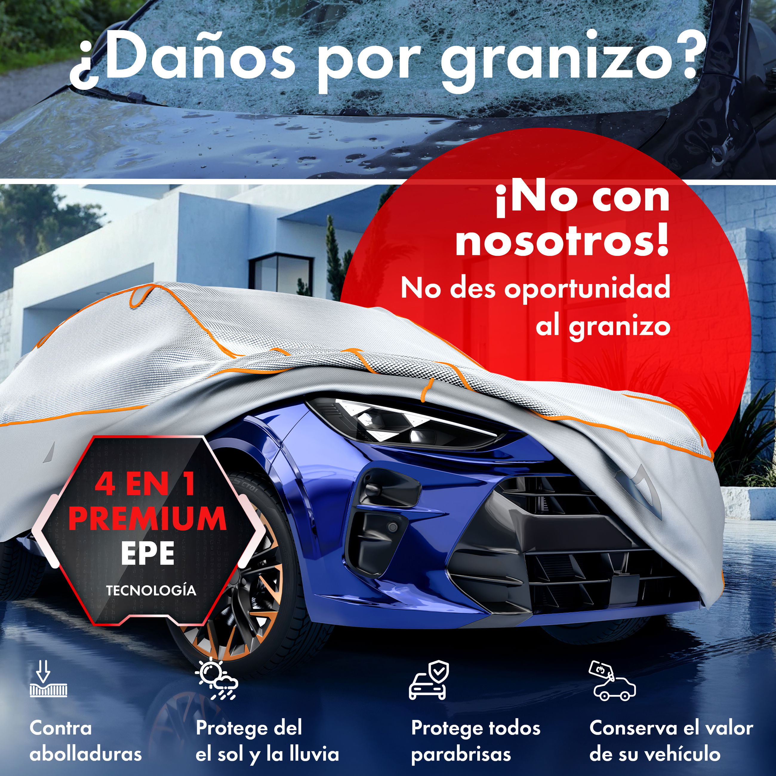 SUV/VAN Funda de proteccion antigranizo Premium EPE Sun Protect, Talla 8, proteccion antigranizo hasta 2,3 cm, plata
