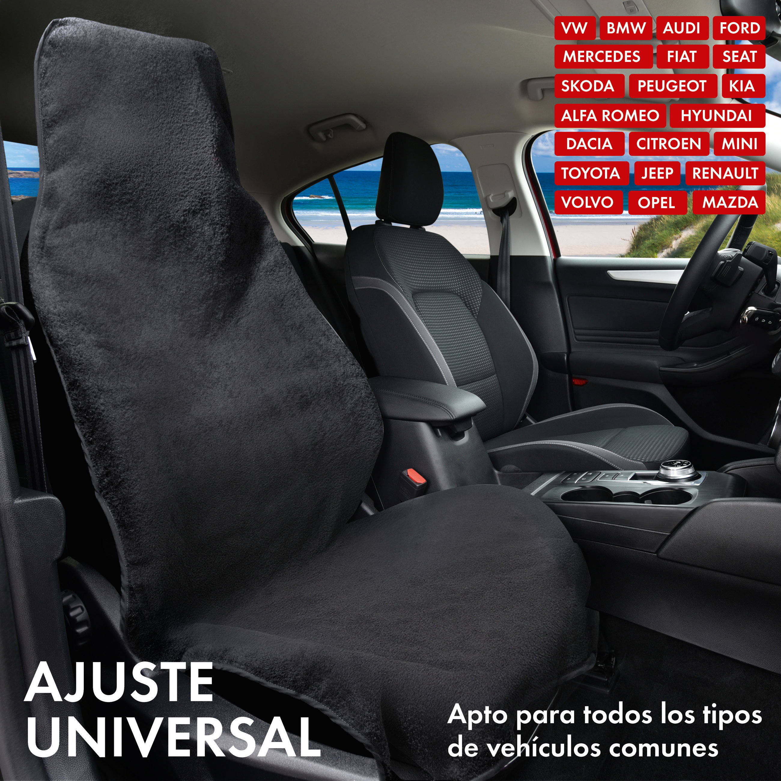 Coche cojín de asiento de Frottee, coche protector de asiento lavable negro, 1 pieza
