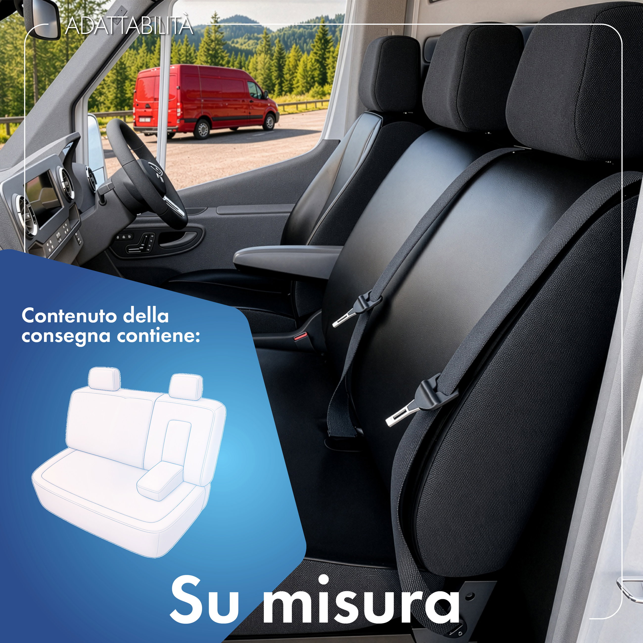 Transporter Coprisedili in similpelle per Ford Transit, Panca doppia divisibile nella parte anteriore (incavo per tavolo)