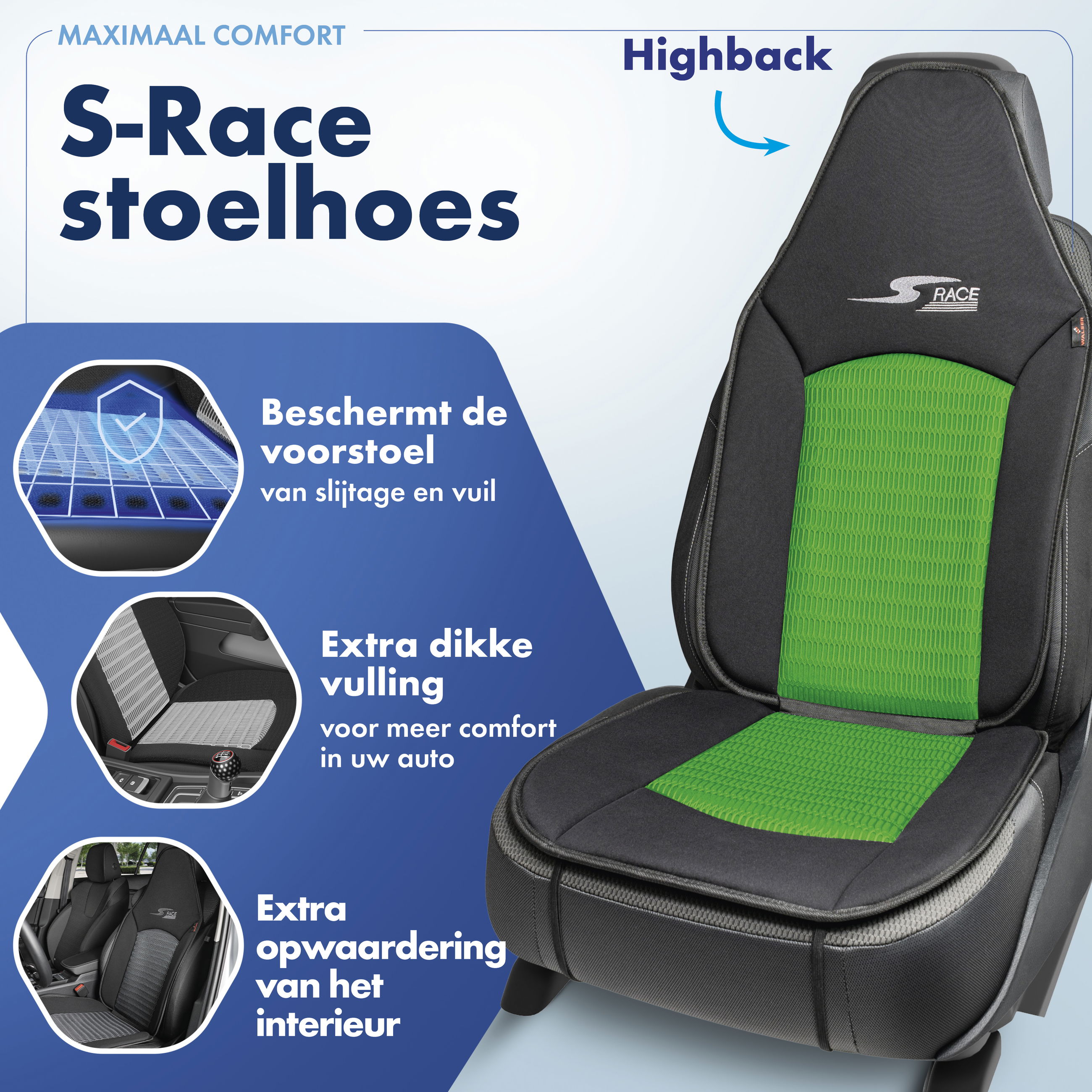 Autostoelhoes S-Race, autostoelhoes voor highback/pilootstoelen, autostoelbeschermer voorstoelen groen, 1 stuk