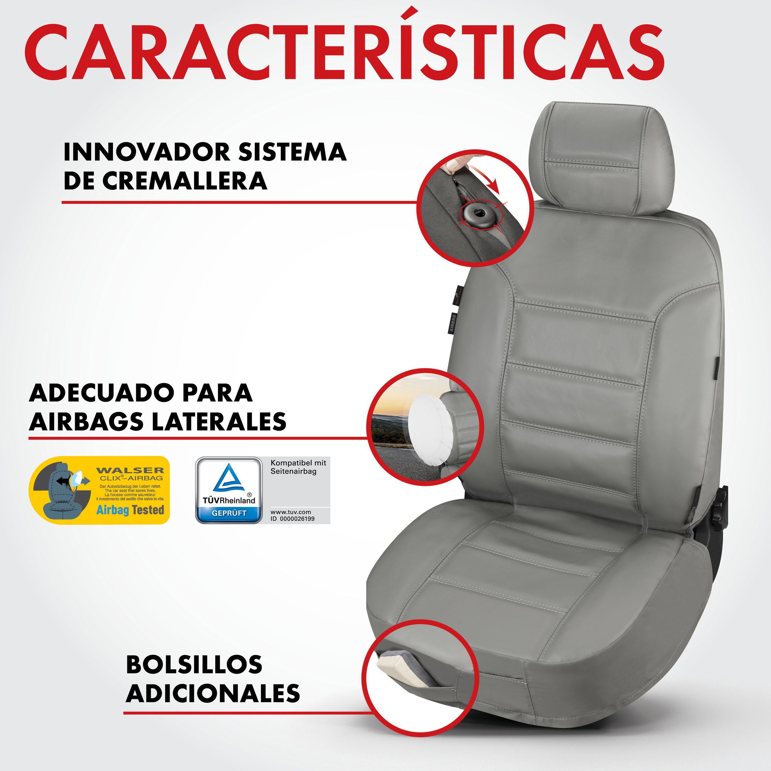 Funda de asiento Billy de cuero auténtico, funda protectora de coche cuero auténtico, funda de asiento delantero ZIPP-IT gris, 1 pieza