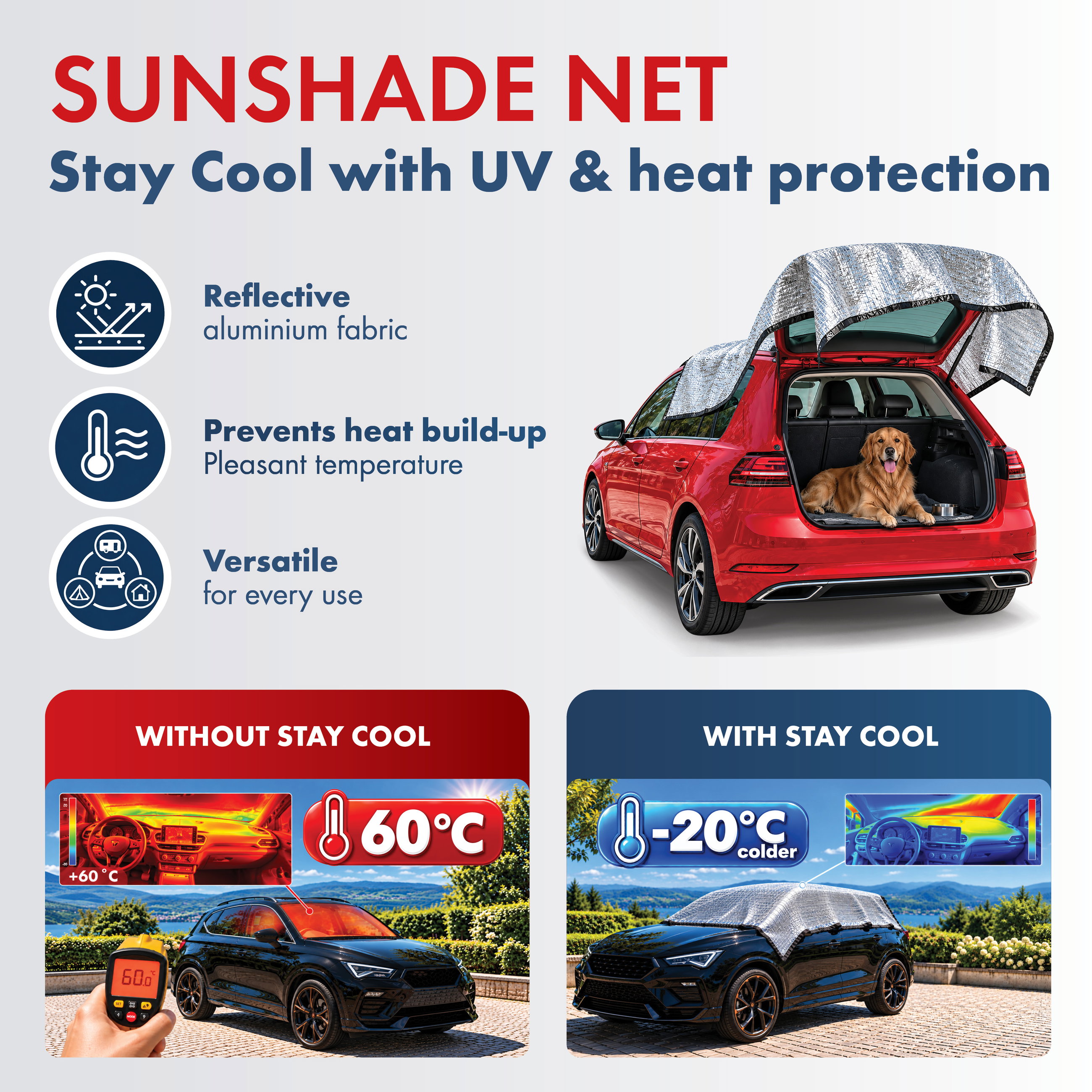 Solskyddsnät Stay Cool, skuggnat för bil (upp till 20 °C svalare), solskydd för hundar med UV-skydd, solsegel, bil-skugggivare silver 3x4m