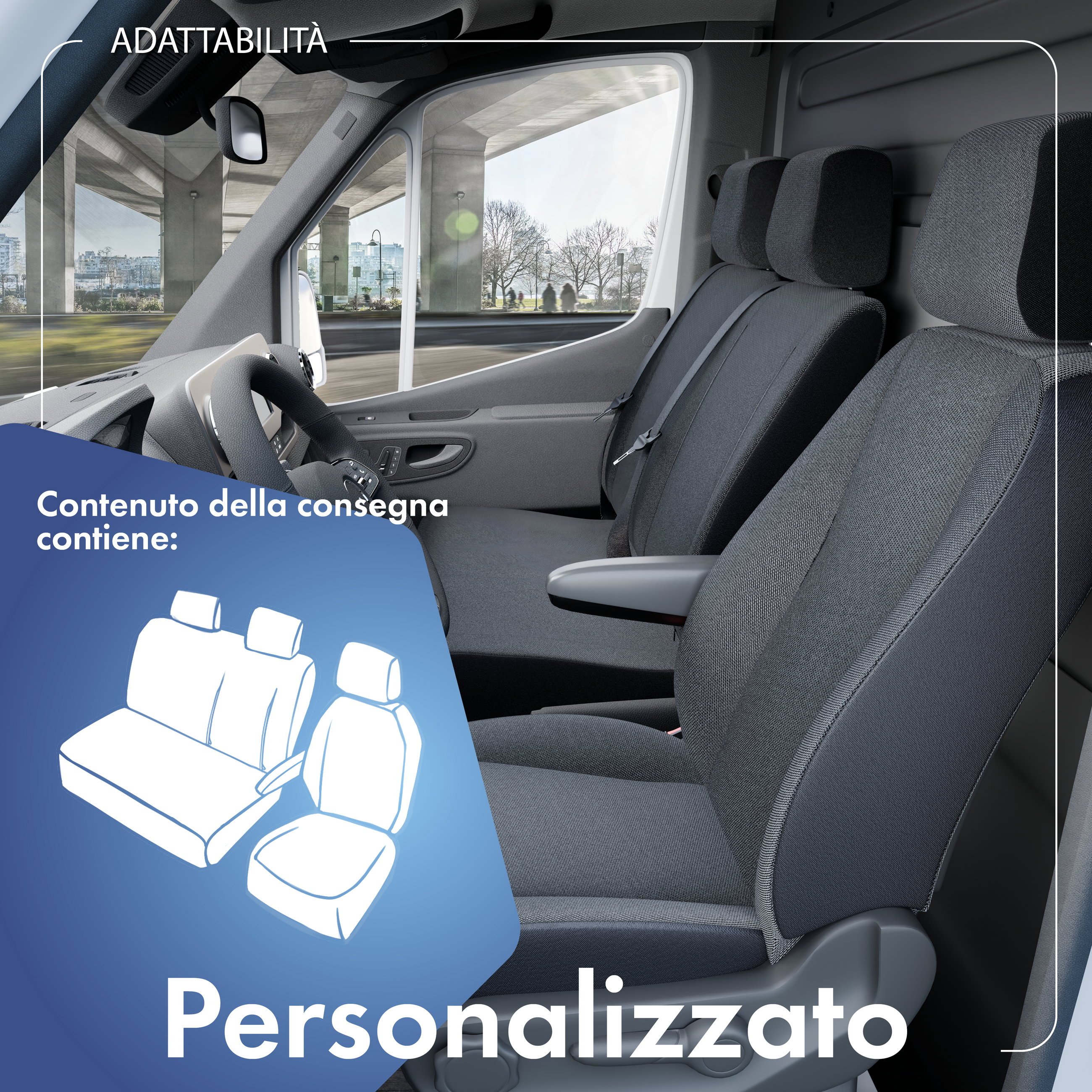 Transporter Coprisedili in tessuto per Peugeot Boxer, 1 sedile singolo anteriore (incavo per il bracciolo a destra) e panca doppia