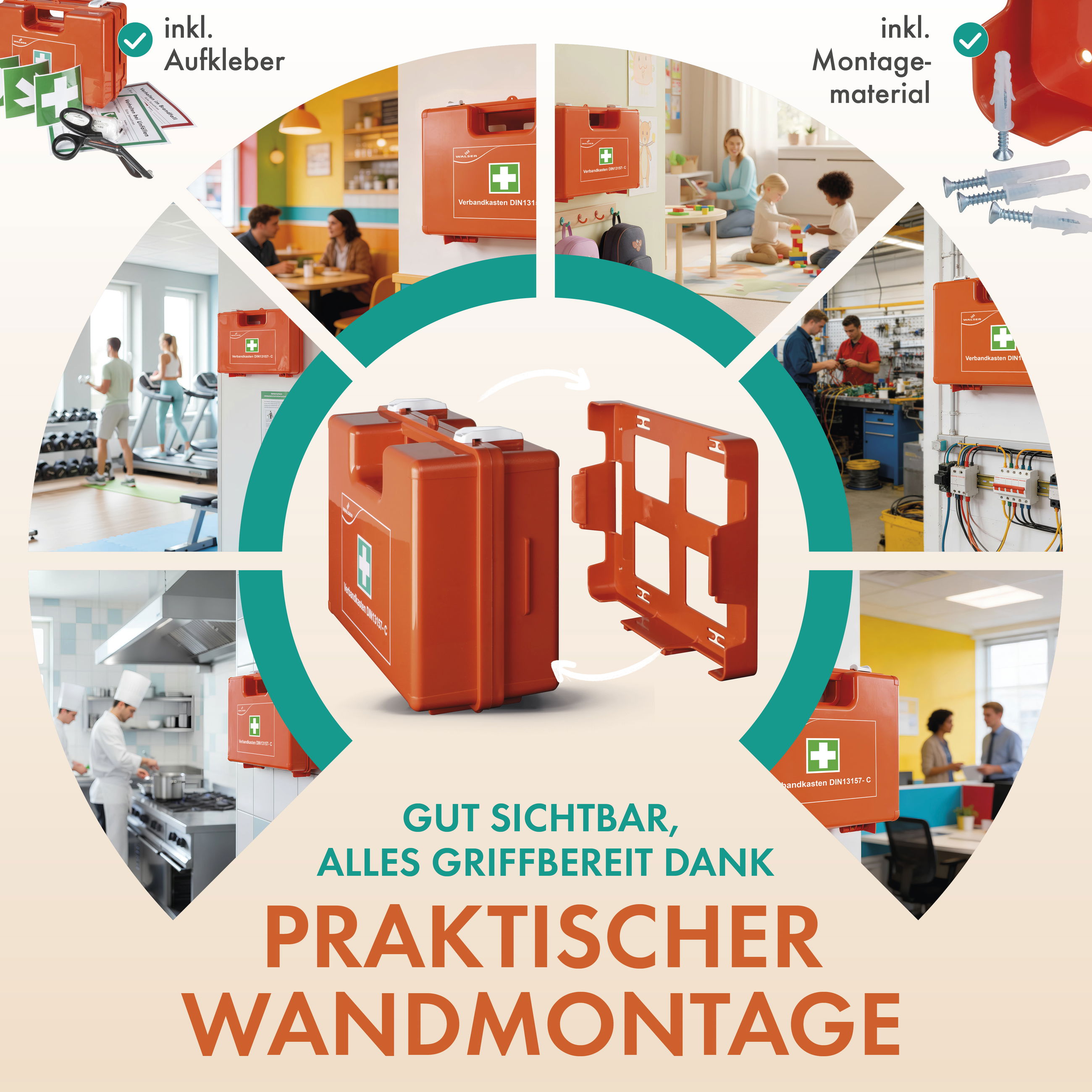 erste-hilfe-koffer, rettungskasten, notfallkit, wandmontage, werkstatt,  Erste Hilfe Kasten, Notfallbox, Rettungsbox, Arbeitsplatz Erste Hilfe, Kastensatz