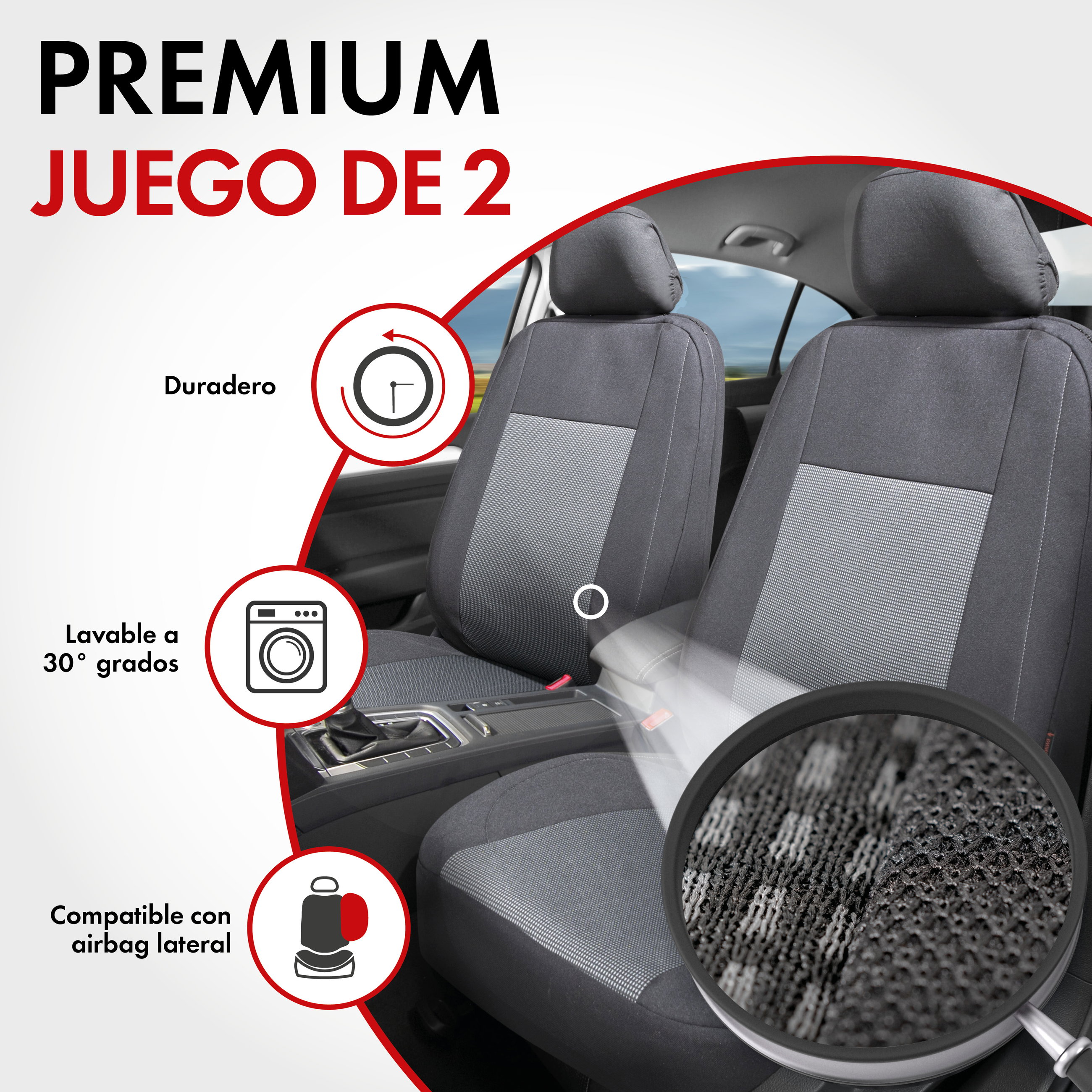 Funda de asiento ZIPP-IT Premium Ardwell, fundas protectoras de coche para 2 asientos delanteros con sistema de cremallera negro/gris