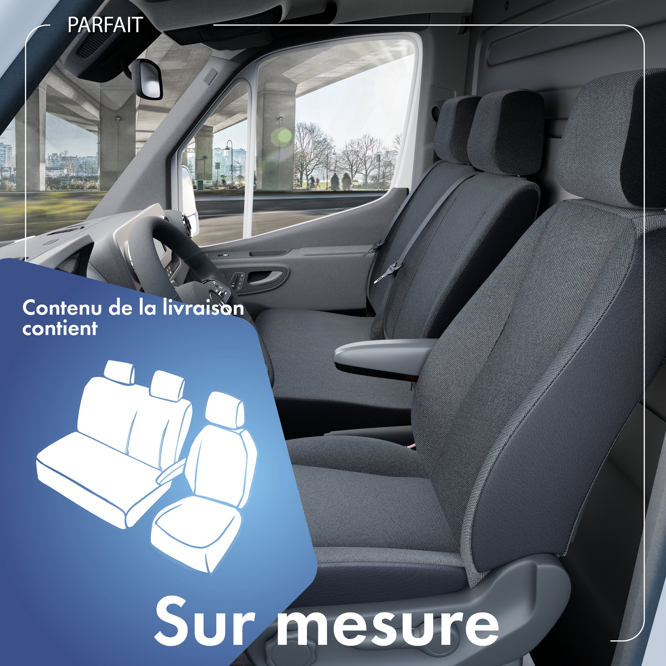 Housse de siège Transporter en tissu pour Citroën Jumper II, Fiat Ducato, Peugeot Boxer, 1 siège individuel à l'avant (évidement accoudoir)