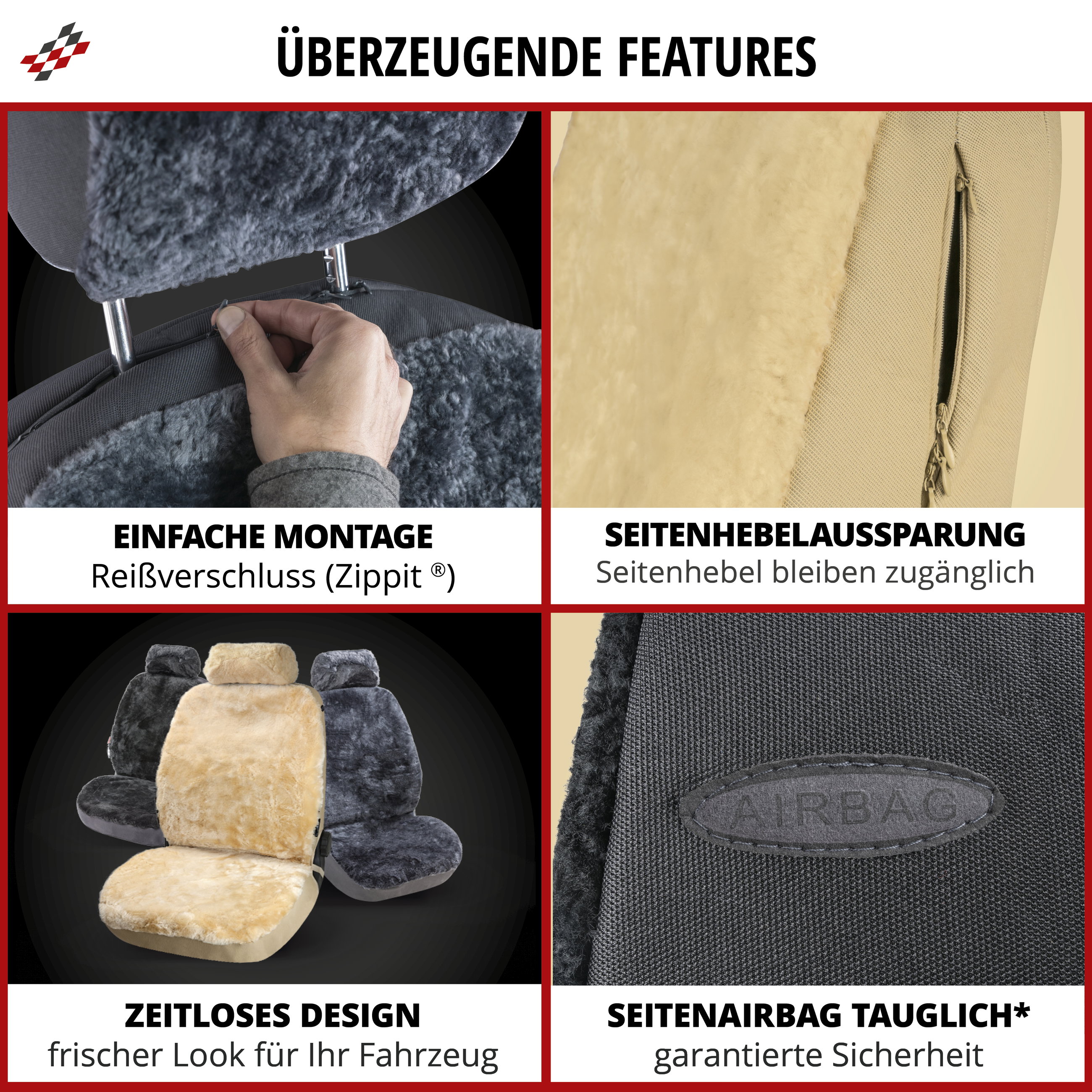 Autositzbezug Iva aus Lammfell, PKW-Schonbezug Einzelsitz, ZIPP-IT Lammfellbezug mit Reißverschluss beige, 1 Stück