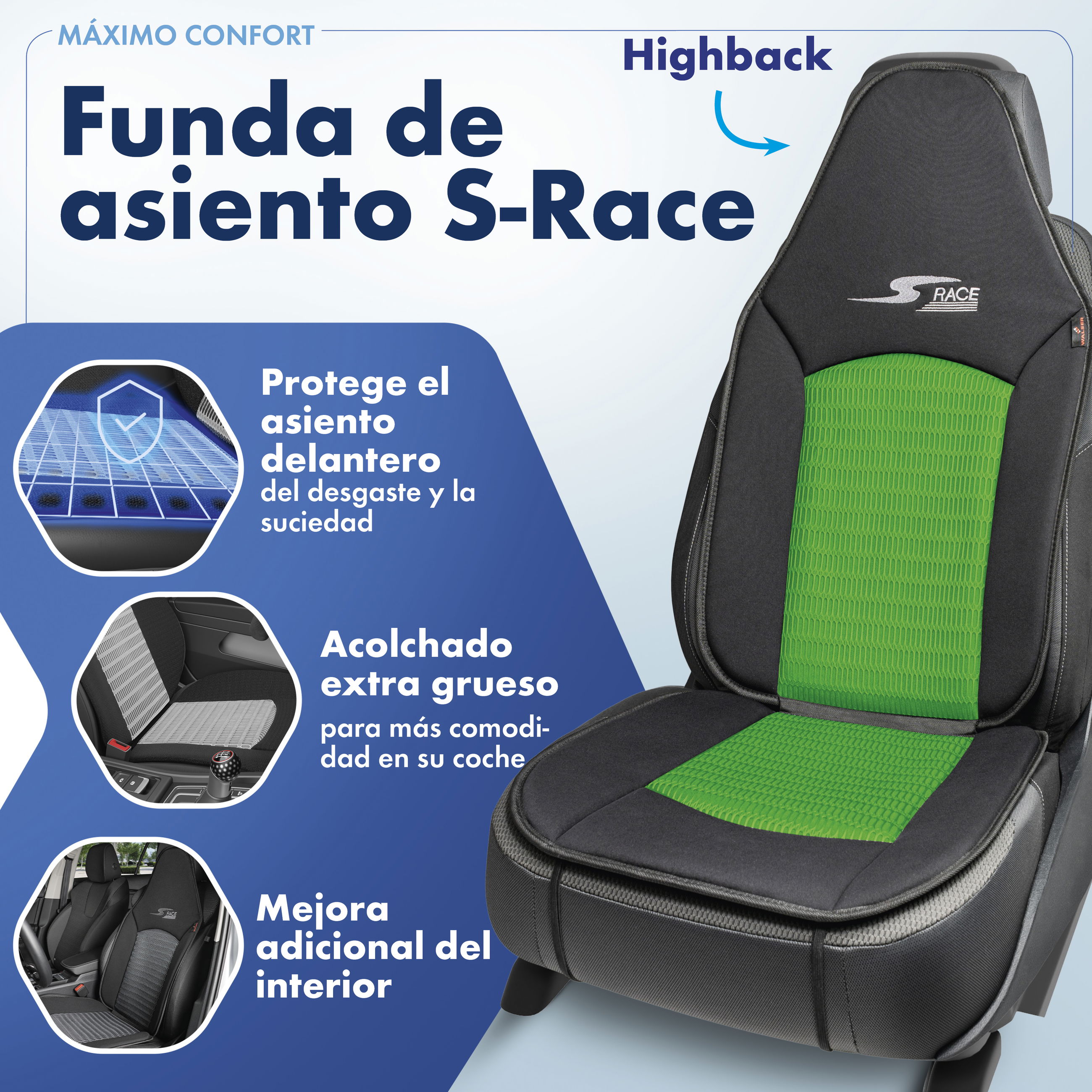 Cojín de asiento S-Race, coche protector de asiento para Highback-/asientos tipo piloto, coche protector de asiento asientos delanteros verde, 1 pieza