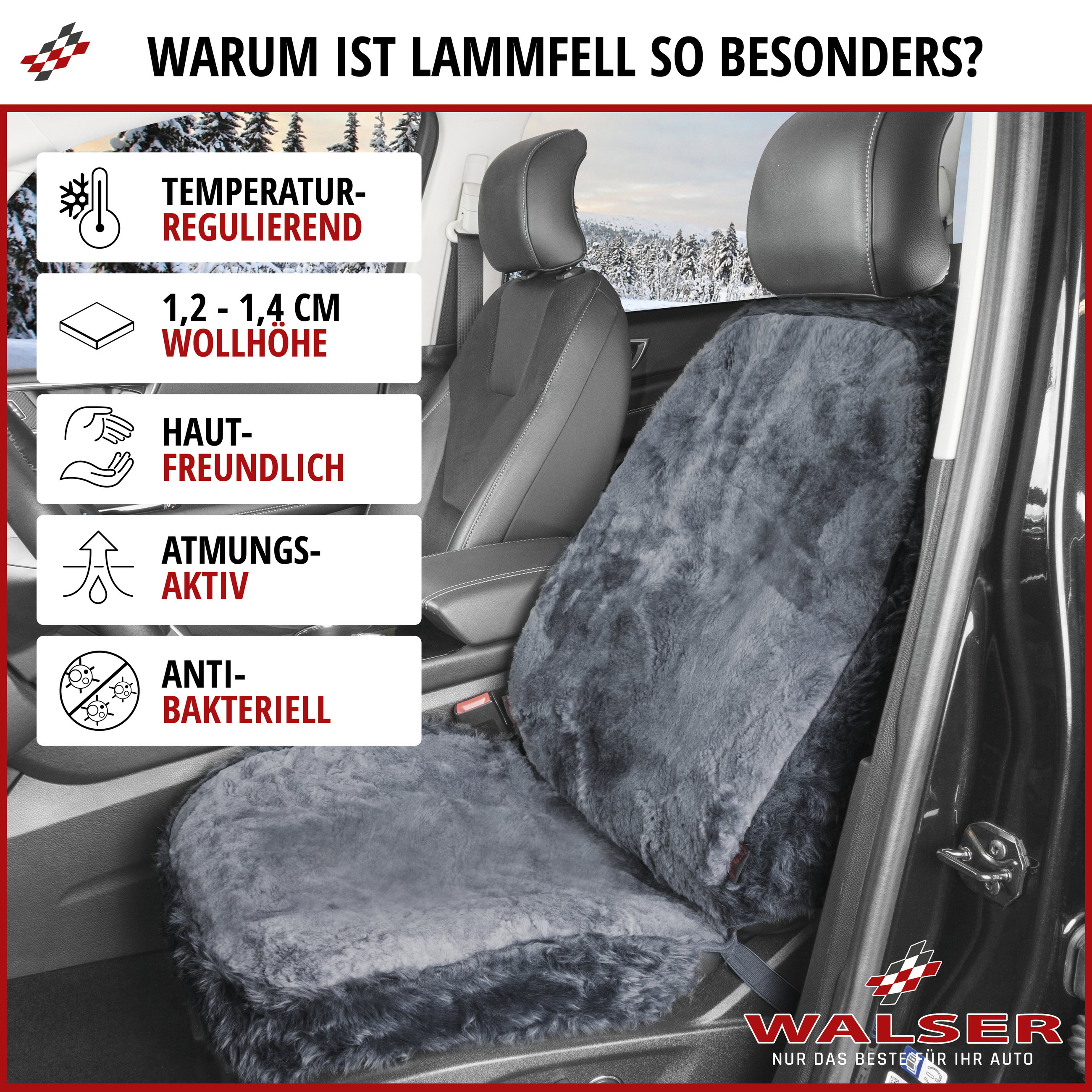 Autositzbezug Nineve aus Lammfell, PKW-Schonbezug Einzelsitz, ZIPP-IT Lammfellbezug mit Reißverschluss anthrazit, 1 Stück