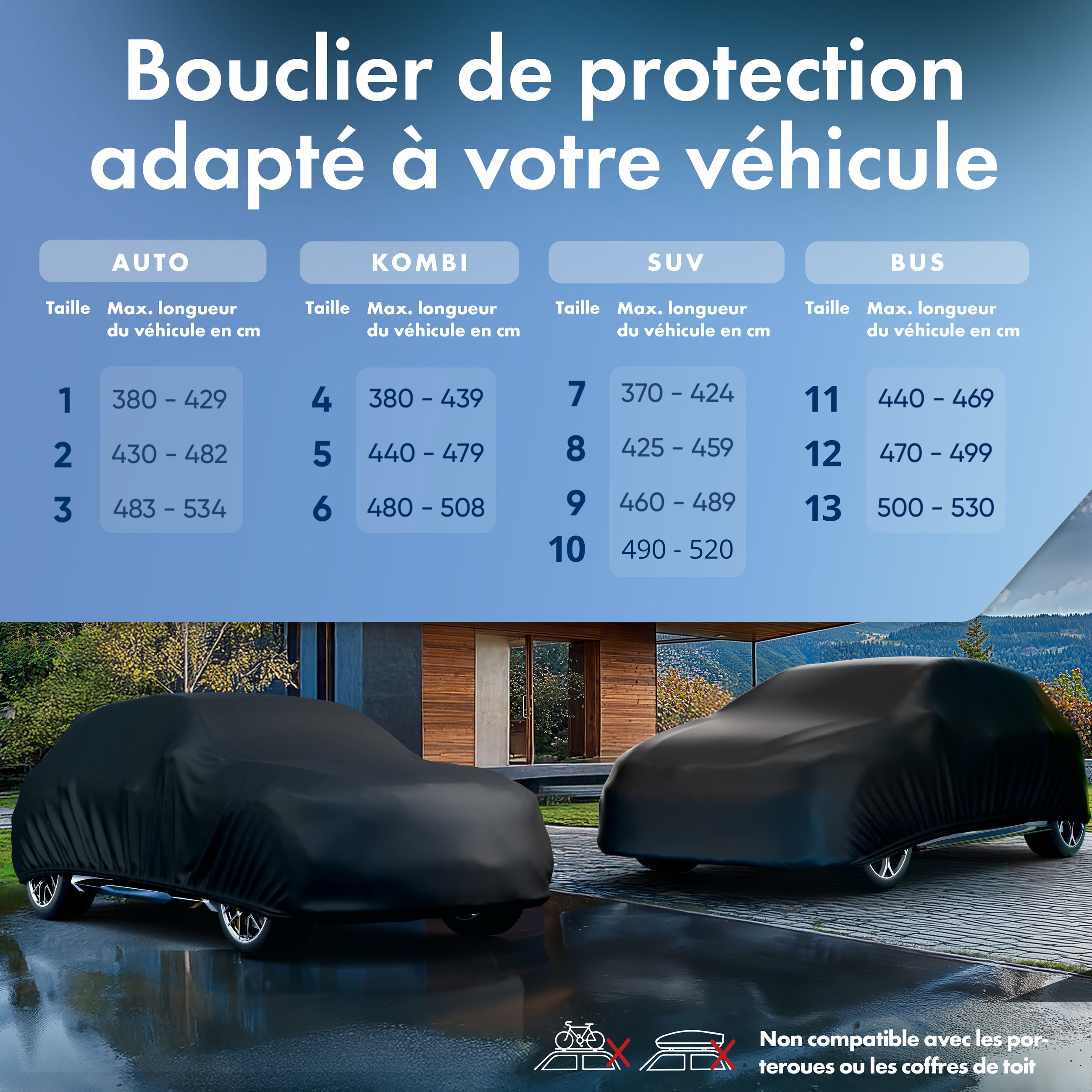 Housse de voiture All Weather, bâche de voiture garage complet taille 7 SUV/VAN noir