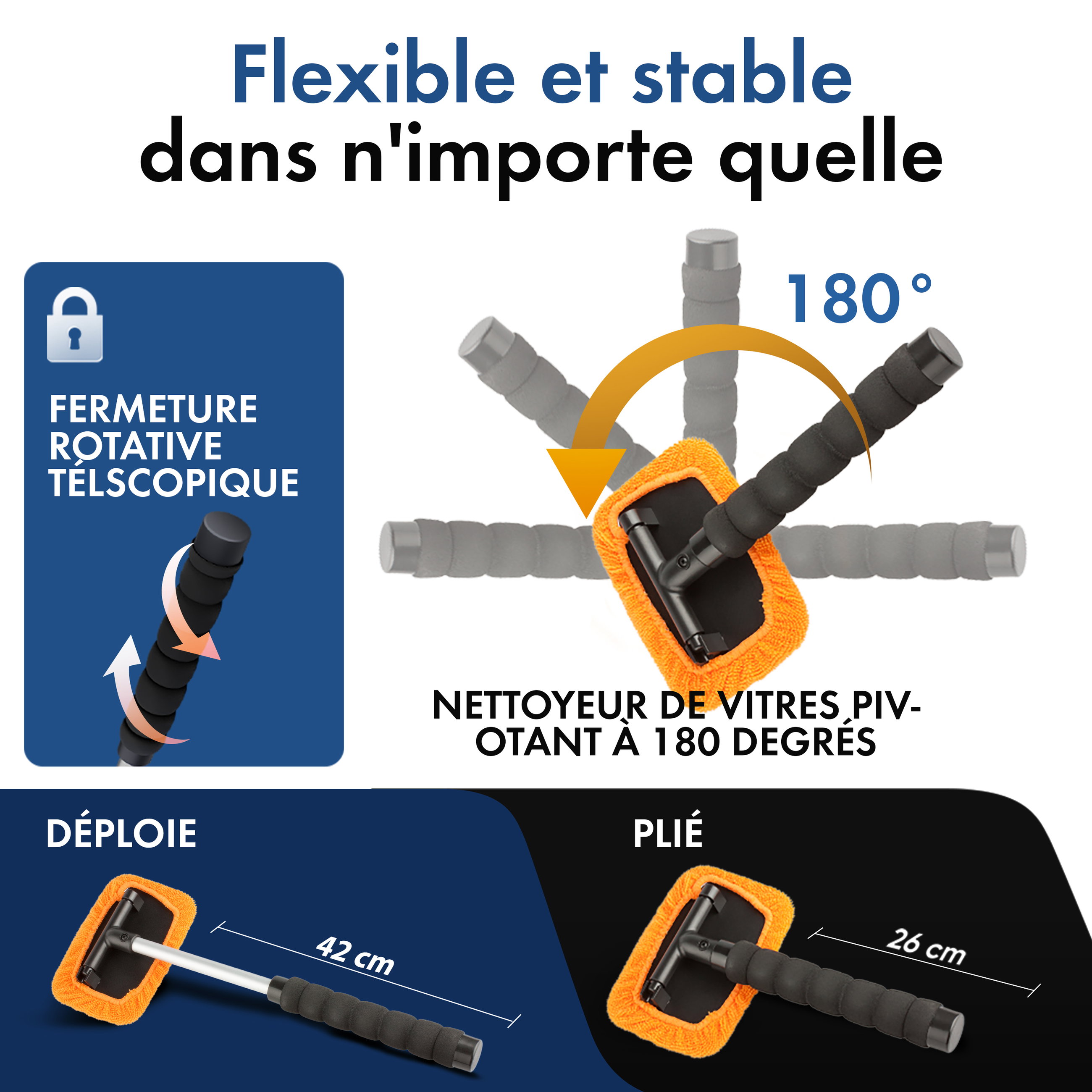Nettoyeur de vitres avec vaporisateur télescopique 26 - 42 cm orange