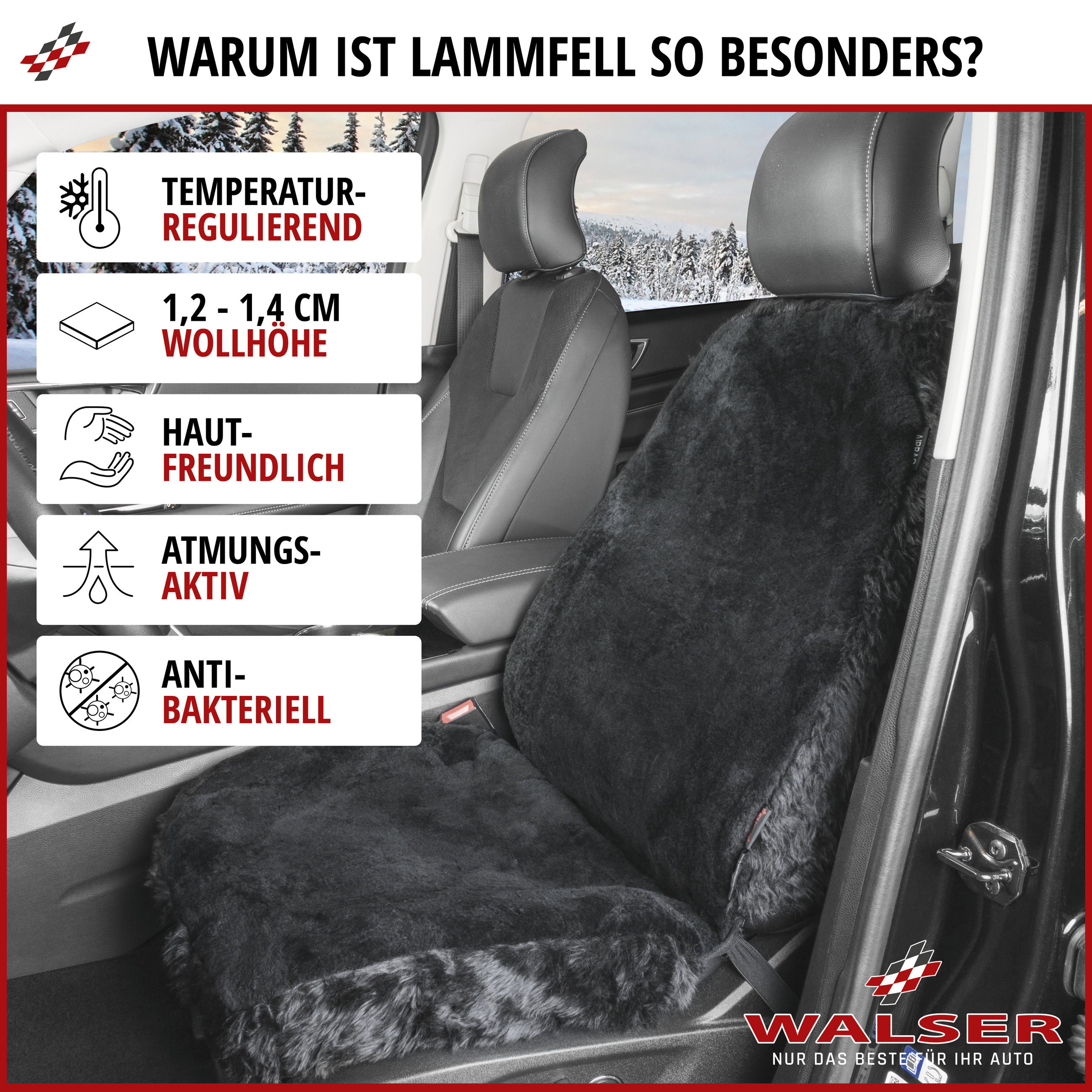 Autositzbezug Nineve aus Lammfell, PKW-Schonbezug Einzelsitz, ZIPP-IT Lammfellbezug mit Reißverschluss schwarz, 1 Stück