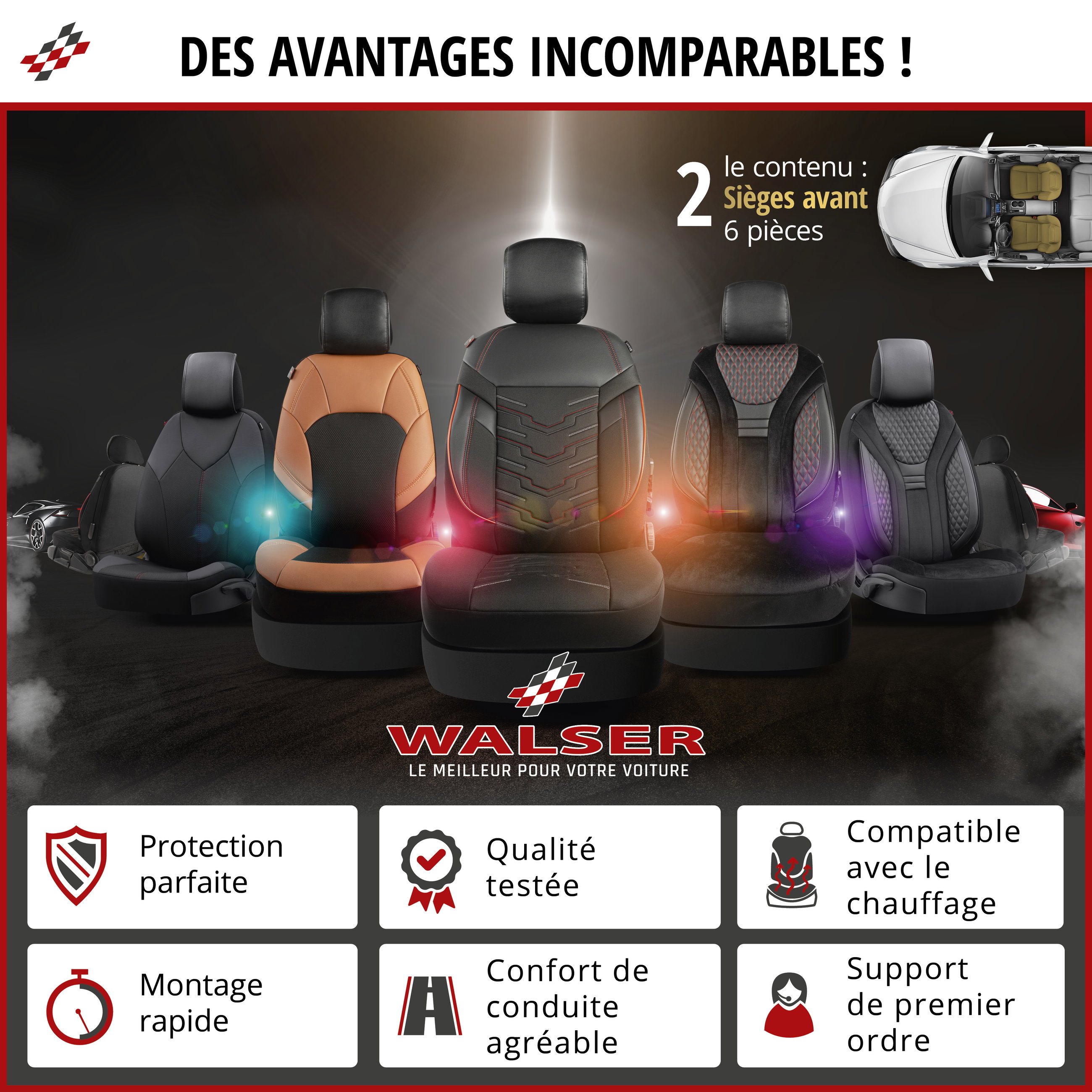 ZIPP IT Premium Housse de sièges Balmoral pour deux sièges avant avec système de fermeture éclair noir/rouge