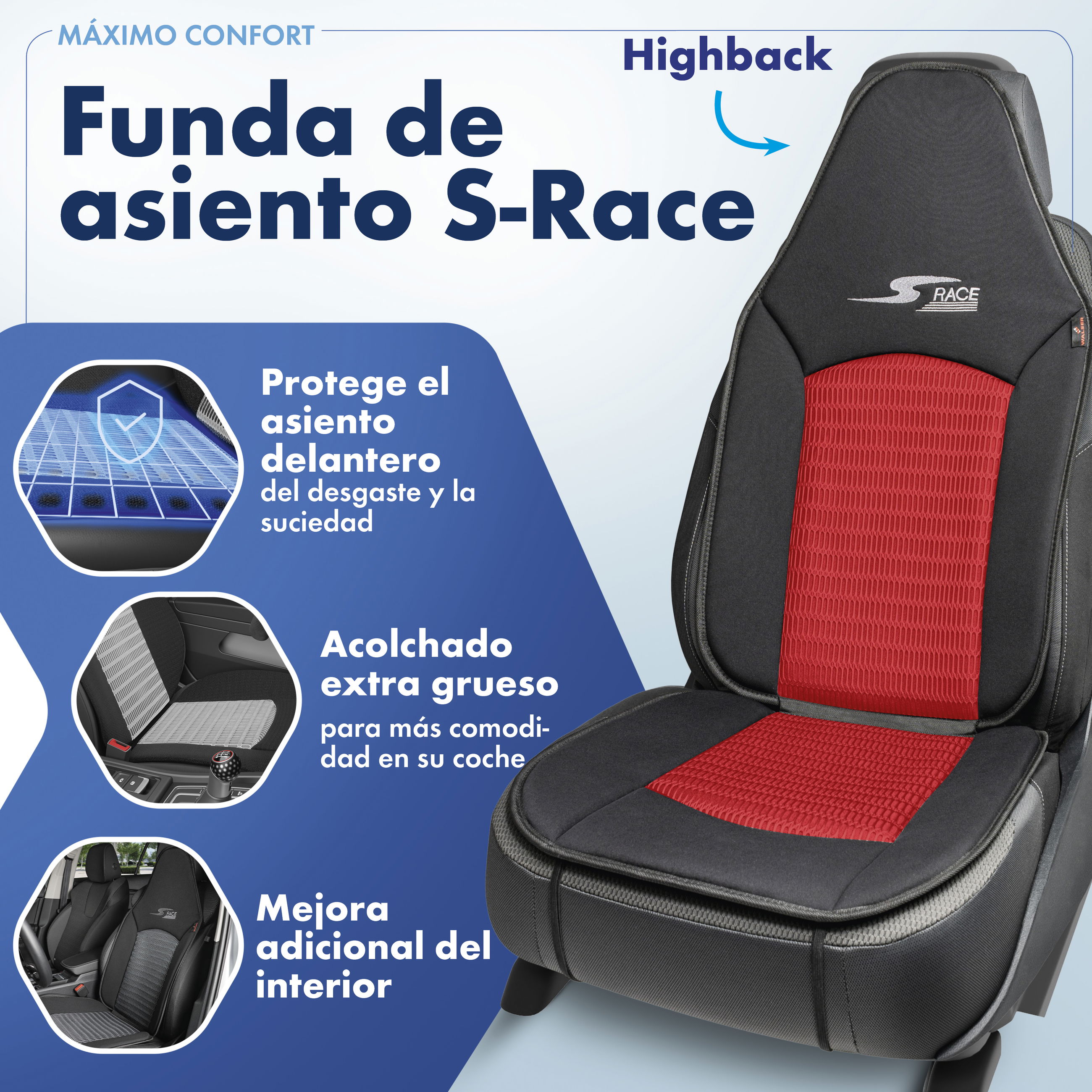 Cojín de asiento S-Race, coche protector de asiento para Highback-/asientos tipo piloto, coche protector de asiento asientos delanteros rojo, 1 pieza