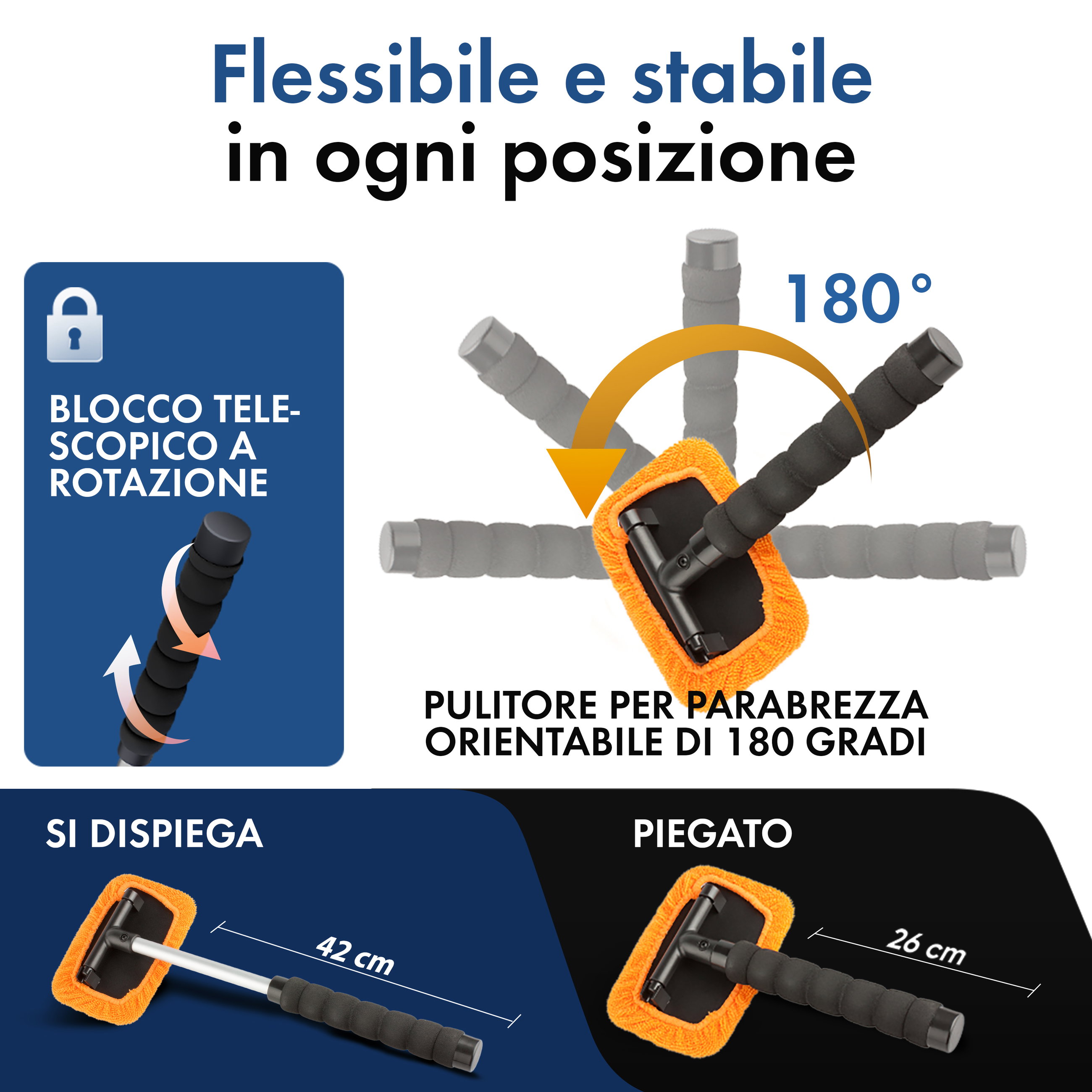 Pulitore per vetri incl. flacone spray telescopico 26 - 42 cm arancione
