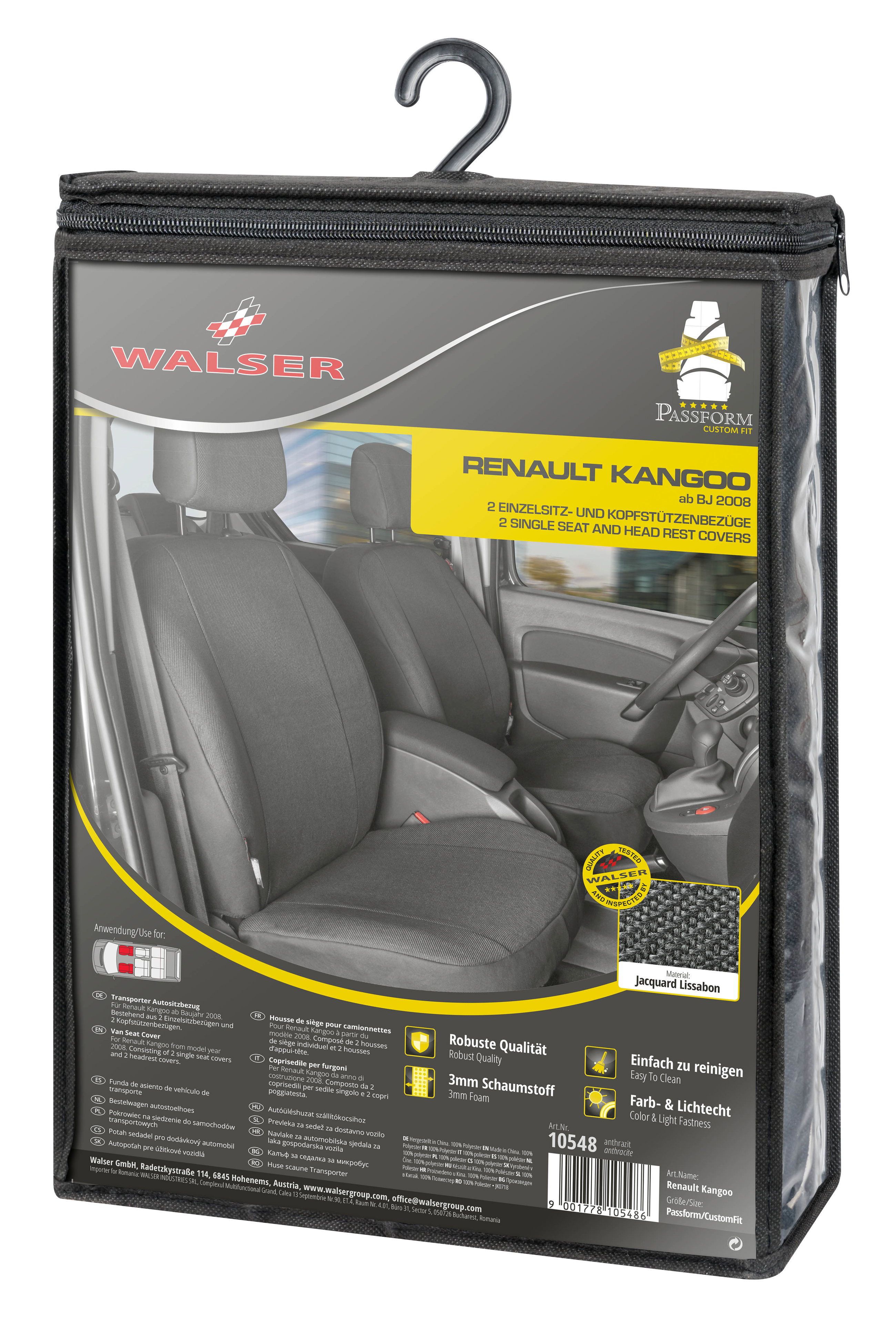 Renault Kangoo/Grand Kangoo 2/Kangoo Rapid kompatibler Sitzbezug Stoff, passgenau für 2 Einzelsitze vorne, robuste Sitzbezüge Transporter/Van anthrazit