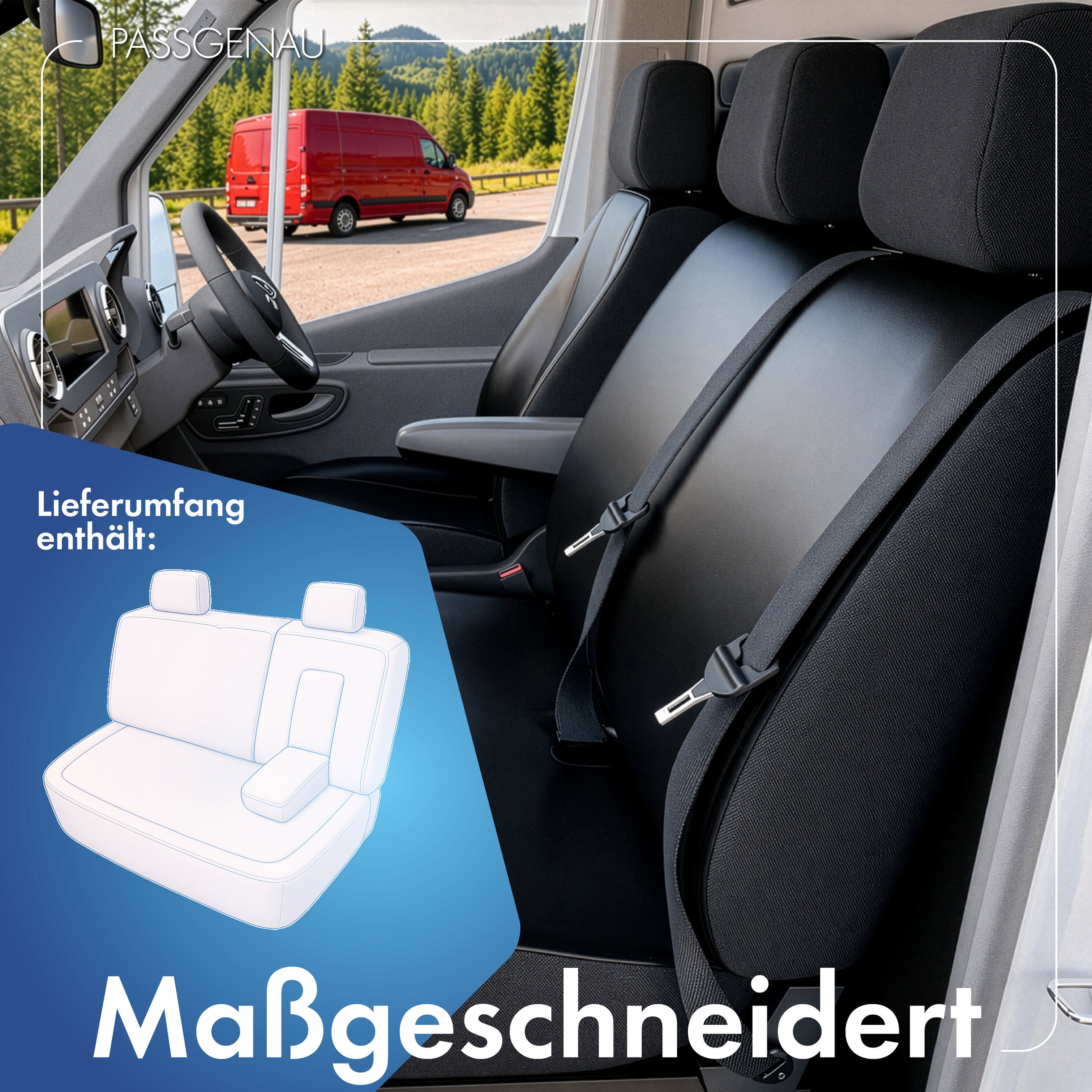 Ford Transit V363/Transit Connect V408 kompatibler Sitzbezug Kunstleder, passgenau für Doppelbank vorne Sitzbank teilbar, robuste Sitzbezüge Transporter/Van anthrazit