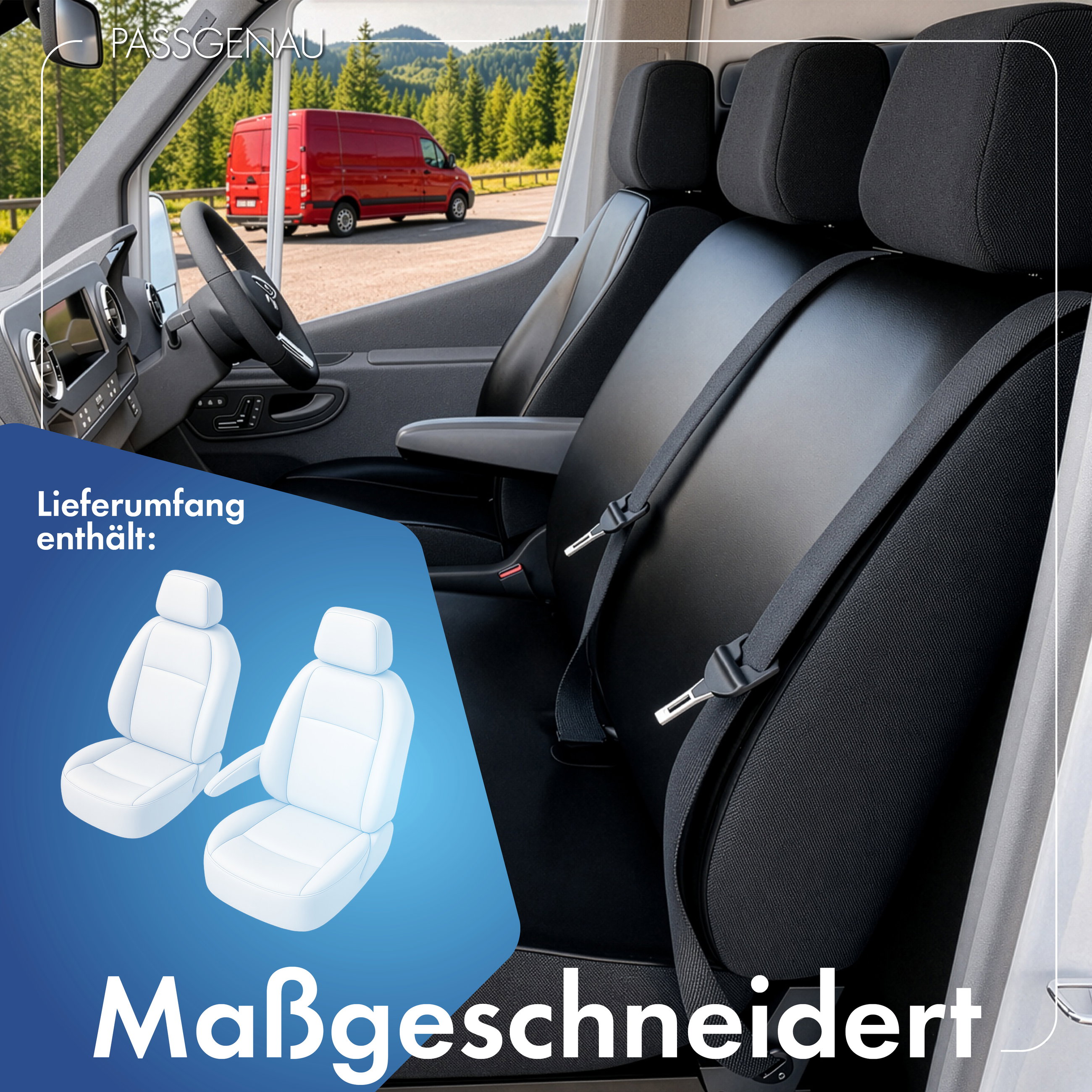 Ford Transit Courier B460 kompatibler Sitzbezug Kunstleder, passgenau für Einzelsitz Fahrer (Ausnehmung Armlehne rechts) + Einzelsitz Beifahrer, robuste Sitzbezüge Transporter/Van anthrazit