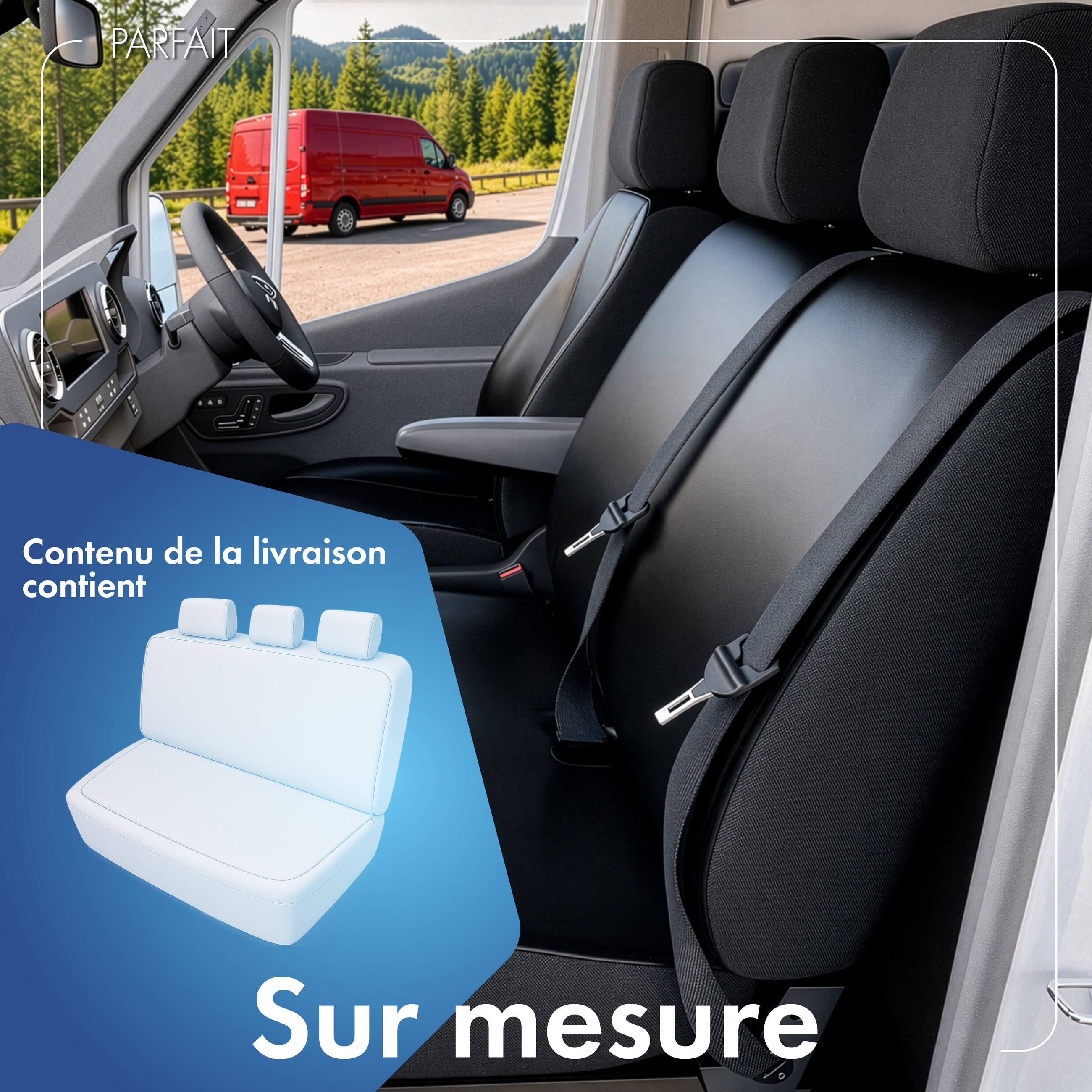 Housse de siège Transporter en simili cuir pour VW T6, banquette 3 places