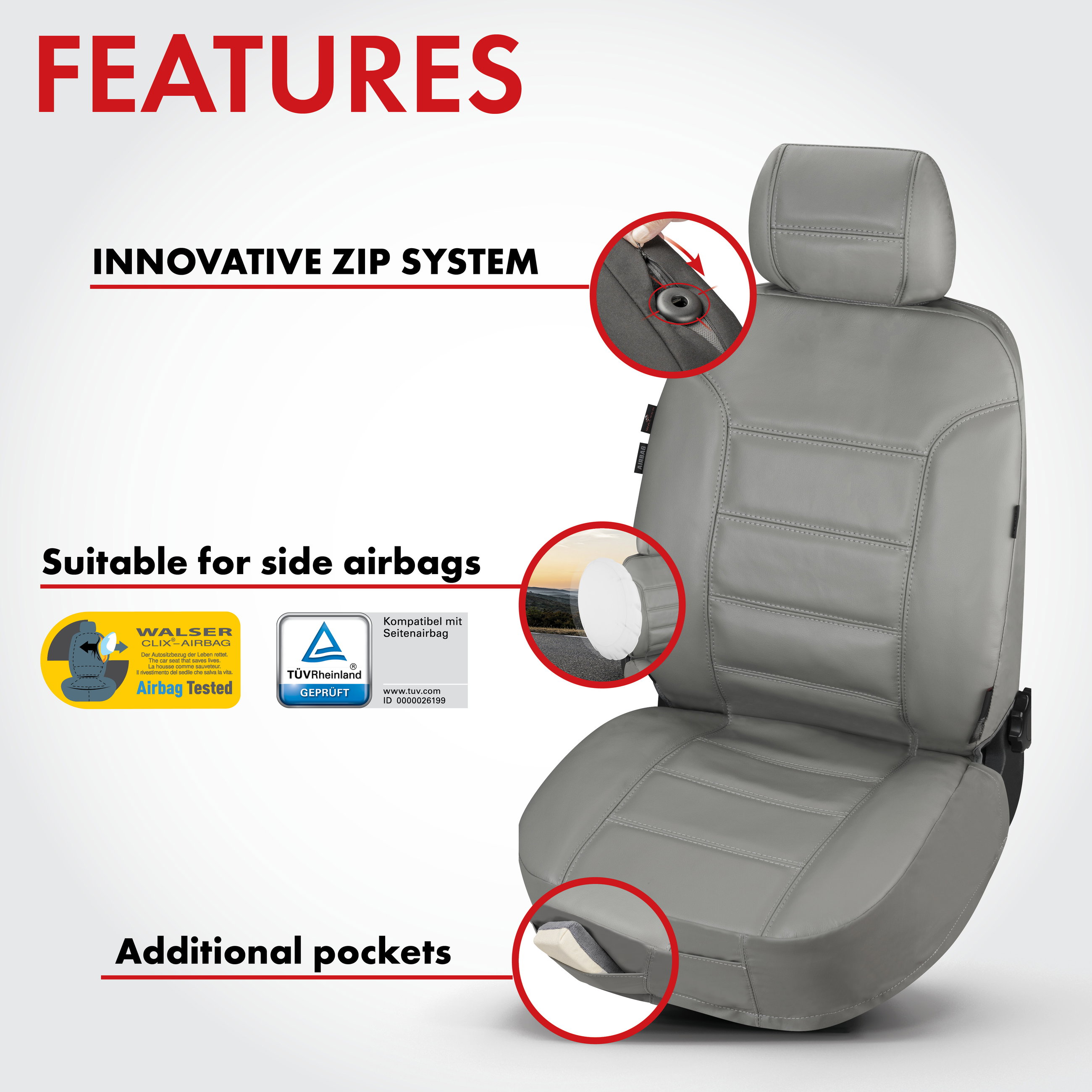 Car Seat cover Billy in real leather grey ZIPP-IT, 1 piece