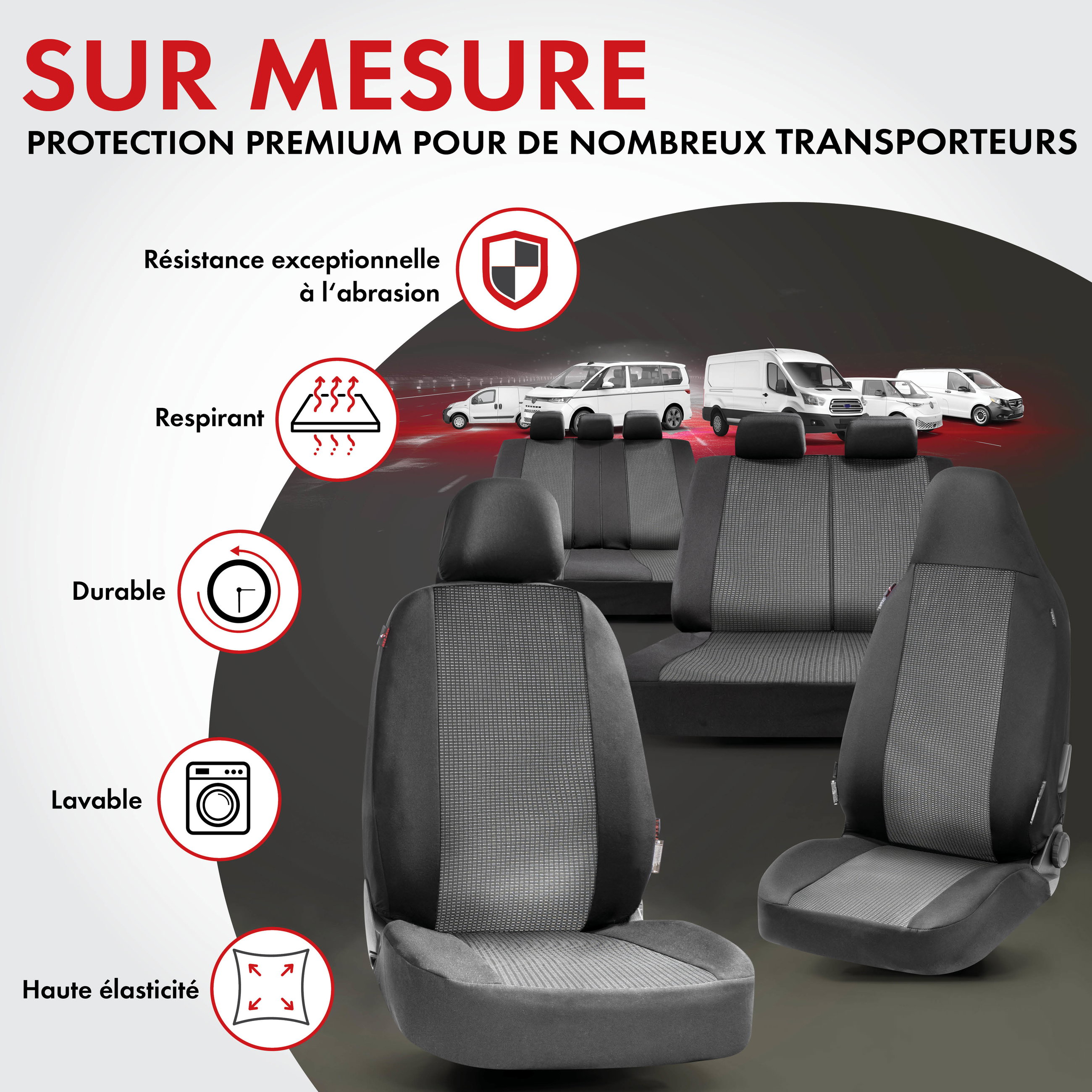 Housse de siège Performer adaptée 100% polyester compatible avec Ford Transit V363/Transit Connect/Transit Custom, 1 housse de banquette double