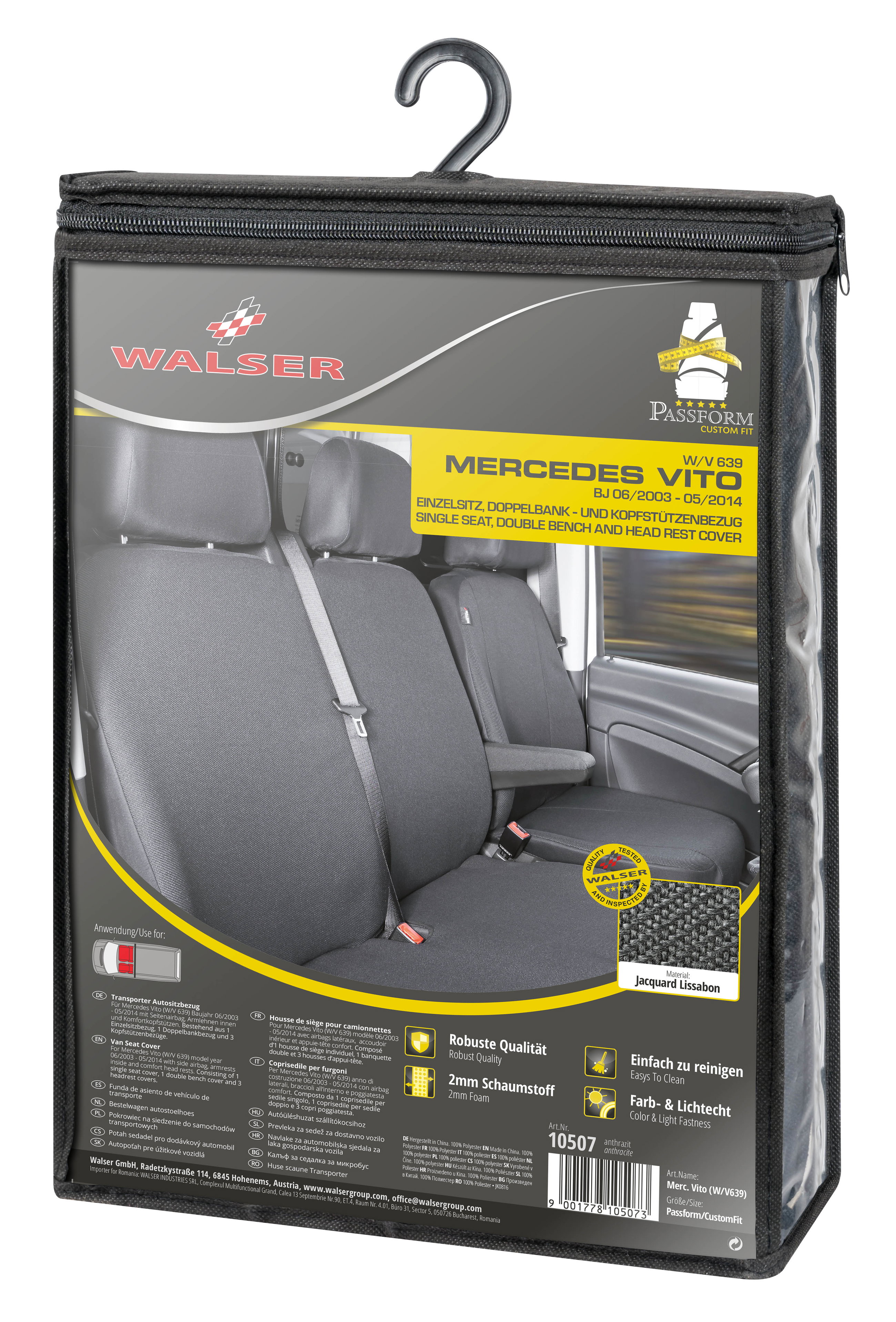 Mercedes-Benz Viano/Vito (W639) kompatibler Sitzbezug Stoff, passgenau für Einzelsitz vorne (Ausnehmung Armlehne) + Doppelbank vorne, robuste Sitzbezüge Transporter/Van anthrazit