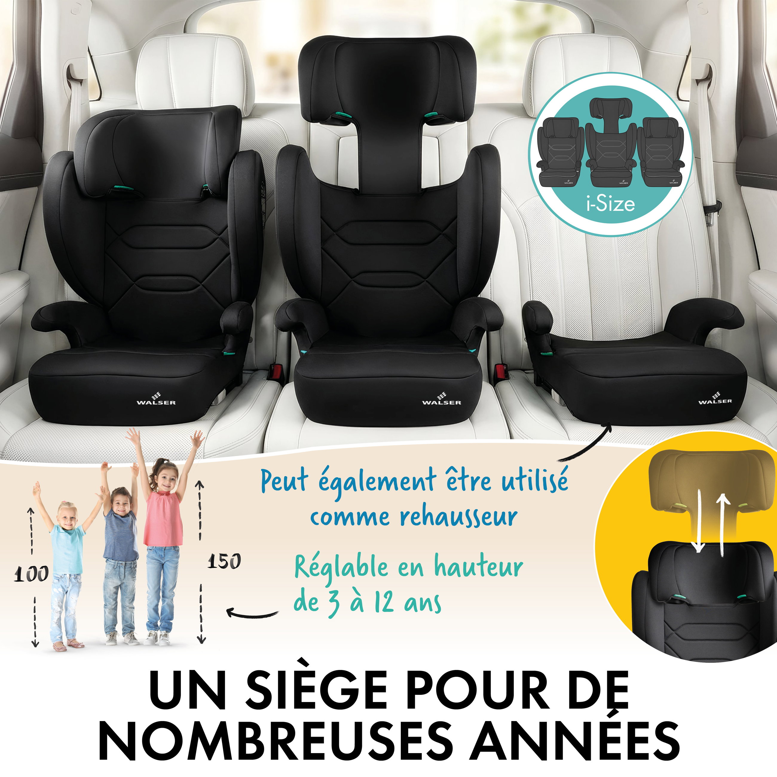 Siege auto enfant Numa avec rails ISOFIX, siege enfant confortable (3-8 ans) 100-150 cm, siege auto 2in1 avec dossier amovible et appui-tete reglable ECE R 129 certifie anthracite