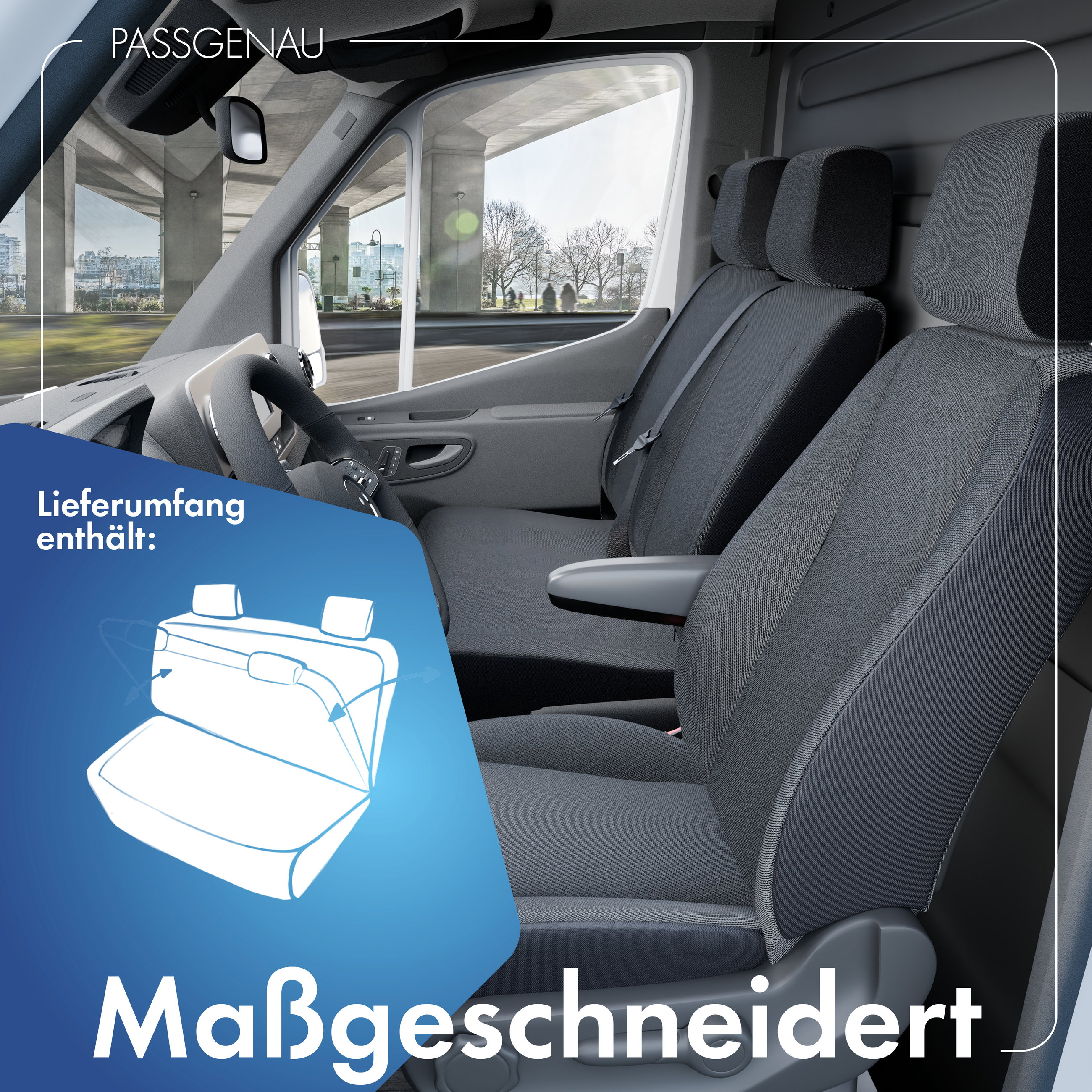VW T6/Caravelle T6 kompatibler Sitzbezug Stoff, passgenau für Doppelbank vorne Lehne klappbar, robuste Sitzbezüge Transporter/Van anthrazit