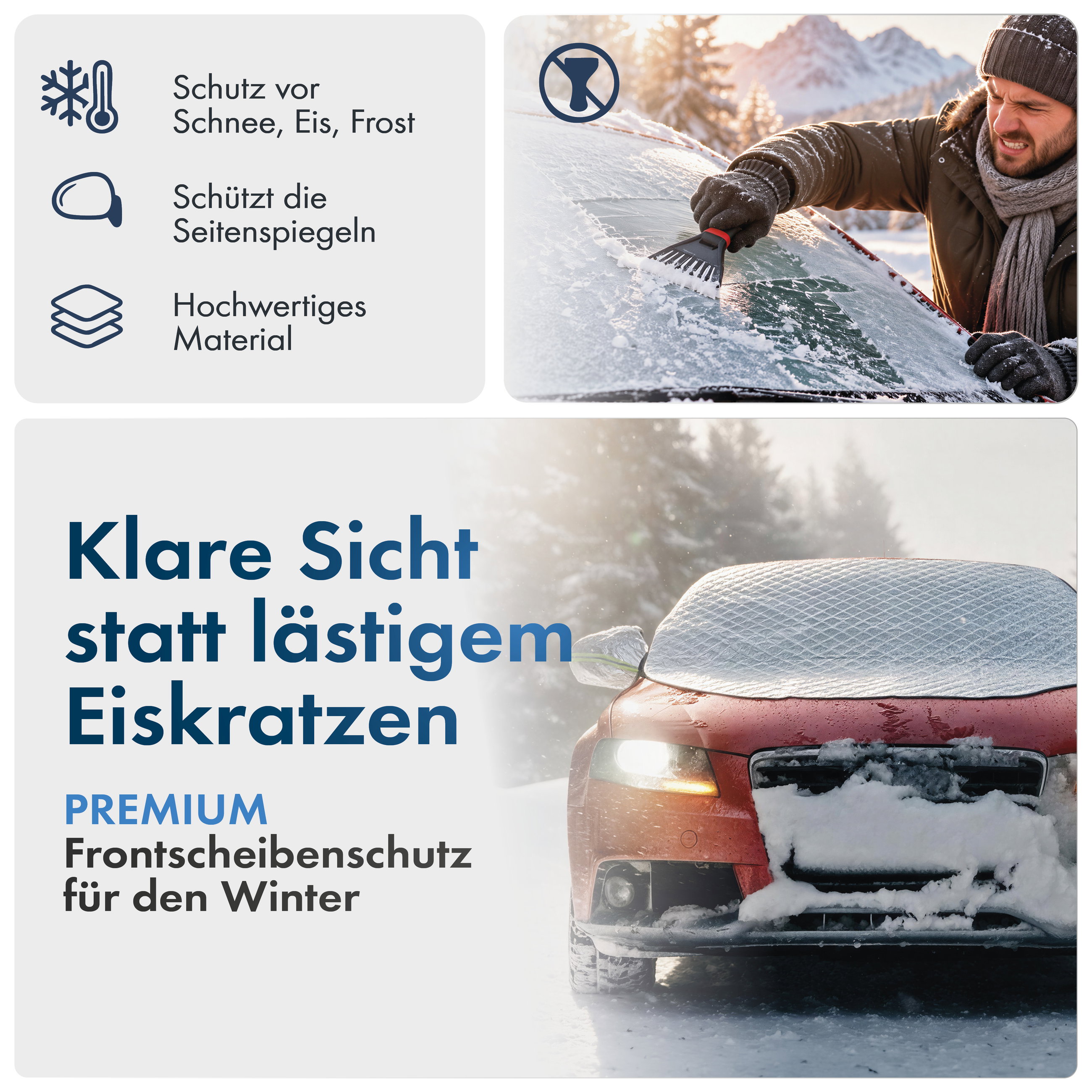 Premium Thermoscheibenschutz mit Seitenspiegelabdeckung, PKW-Frontscheibenabdeckung 157x126 cm