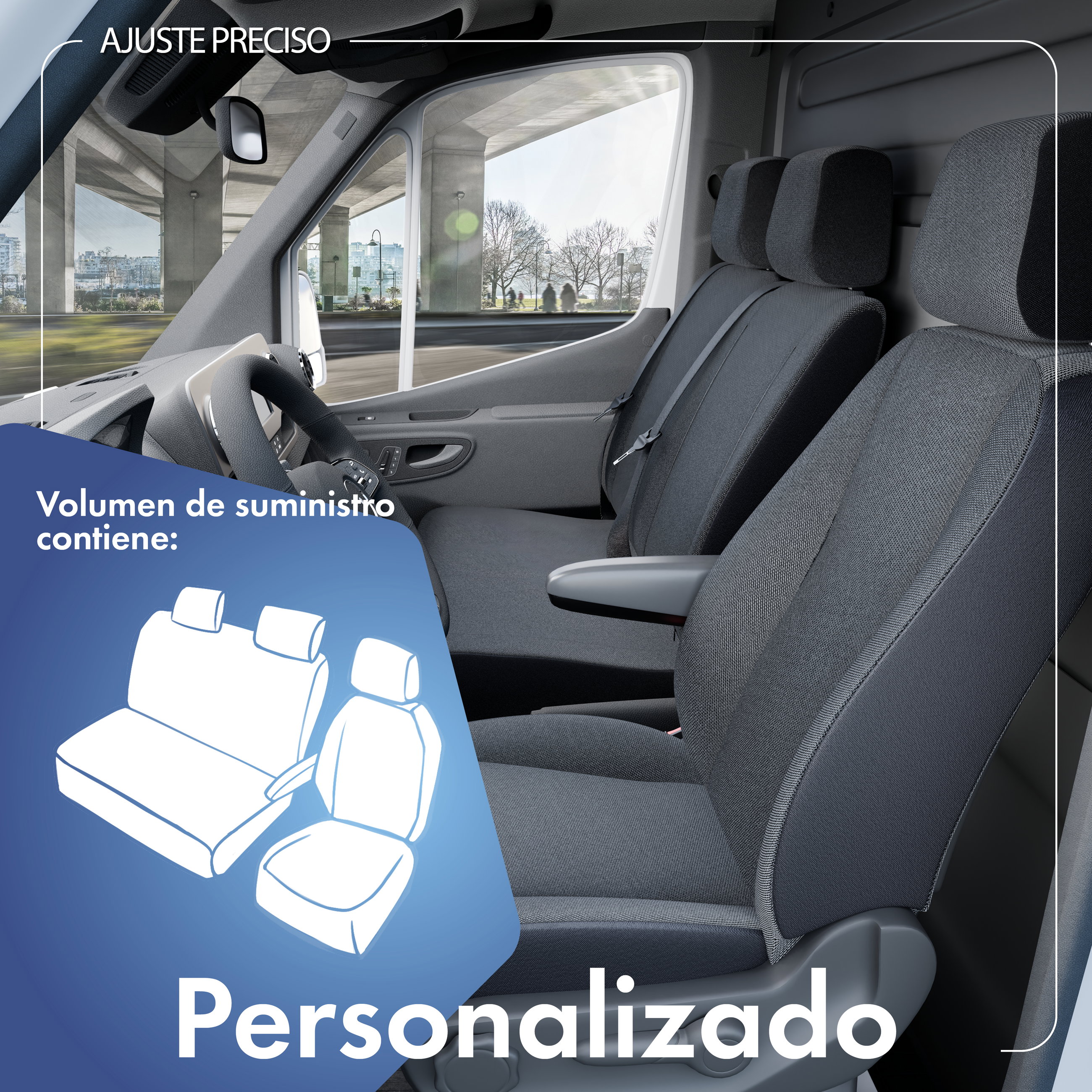 Mercedes-Benz Sprinter, VW LT funda de asiento compatible de tela, ajuste perfecto para asiento individual delantero (hueco reposabrazos) + banco doble delantero, fundas de asiento para furgoneta/van