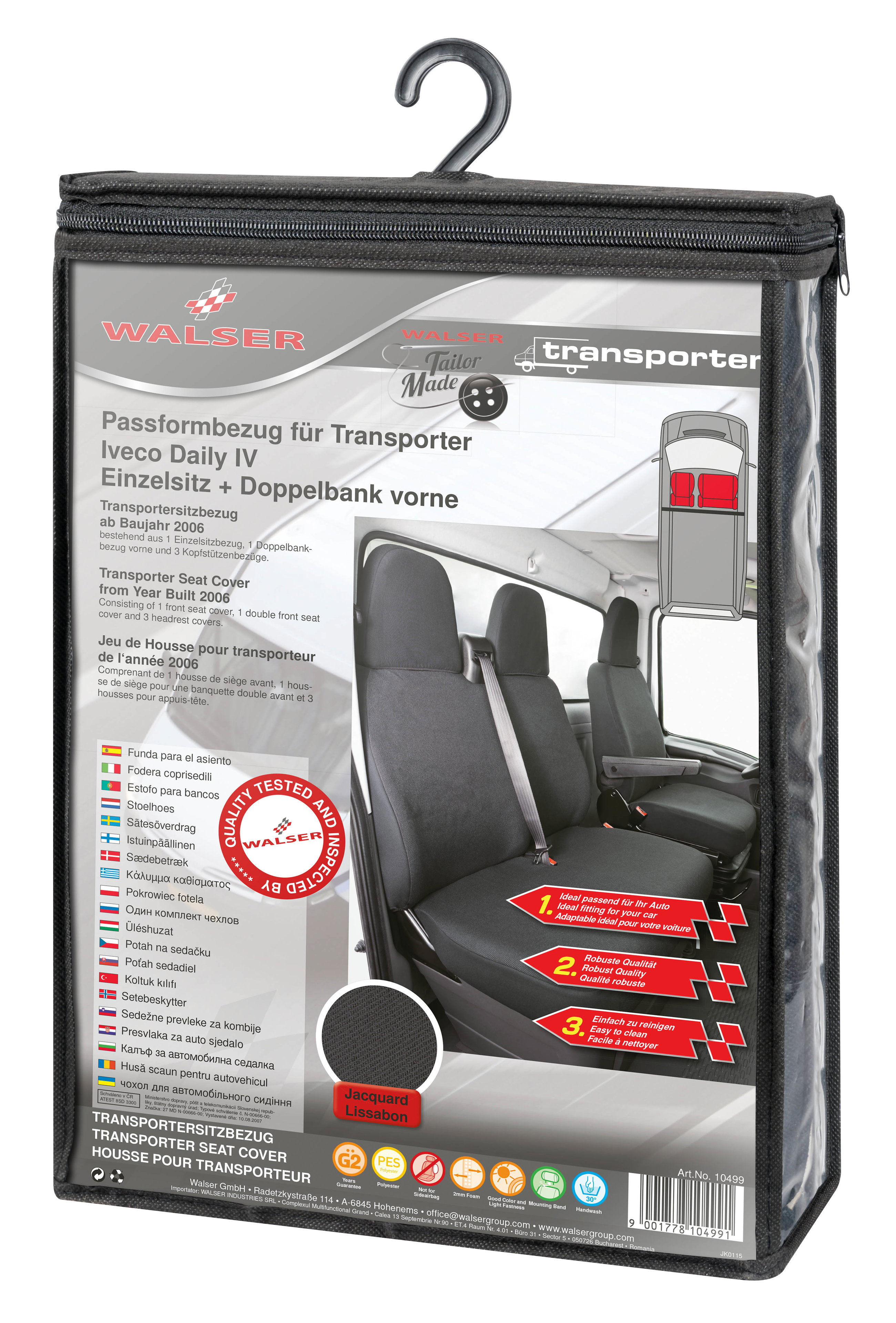 Iveco Daily 4 kompatibler Sitzbezug Stoff, passgenau für Einzelsitz vorne (Ausnehmung Armlehne) + Doppelbank vorne, robuste Sitzbezüge Transporter/Van anthrazit
