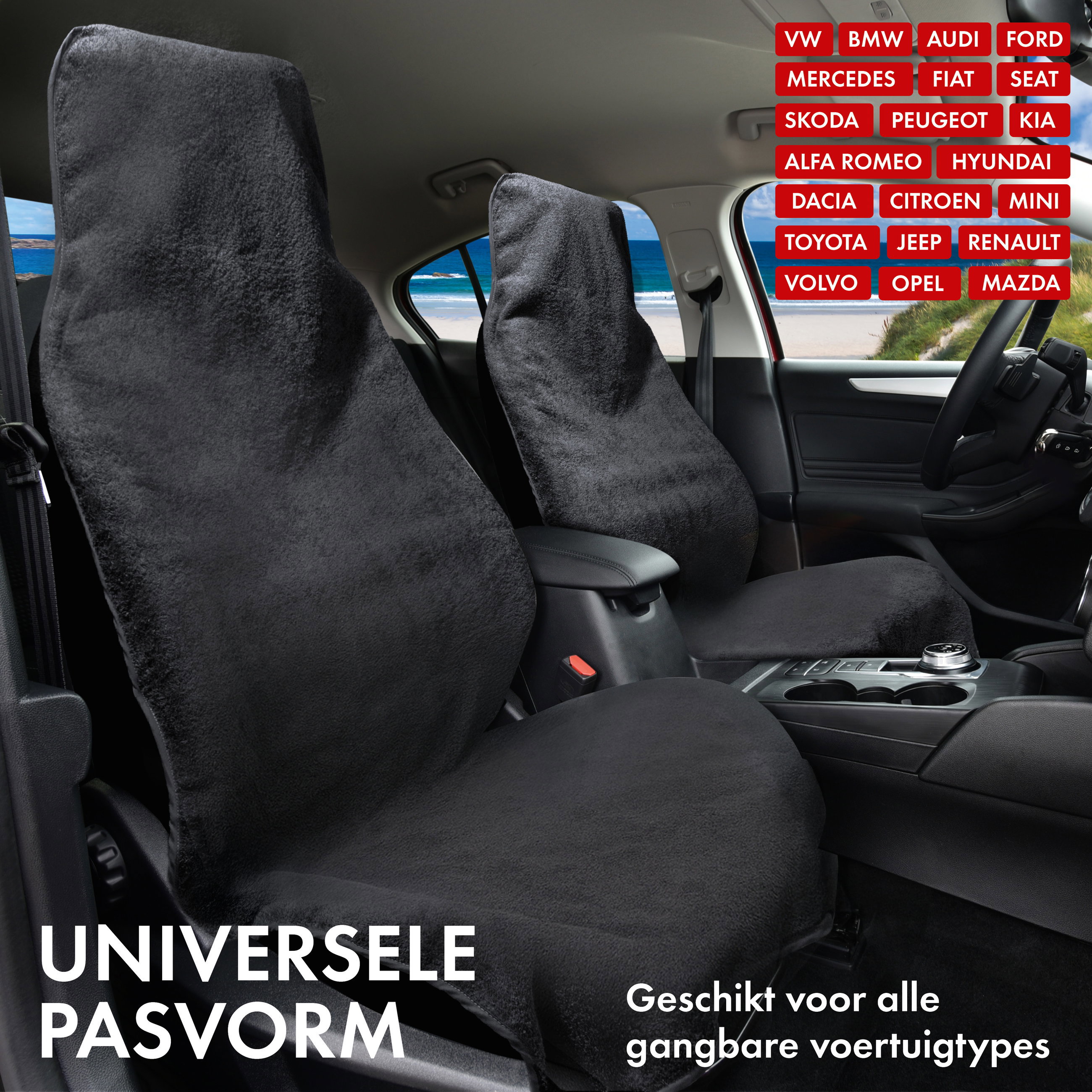 Auto stoelhoes van badstof, autostoelbeschermer wasbaar zwart, 2 stuks