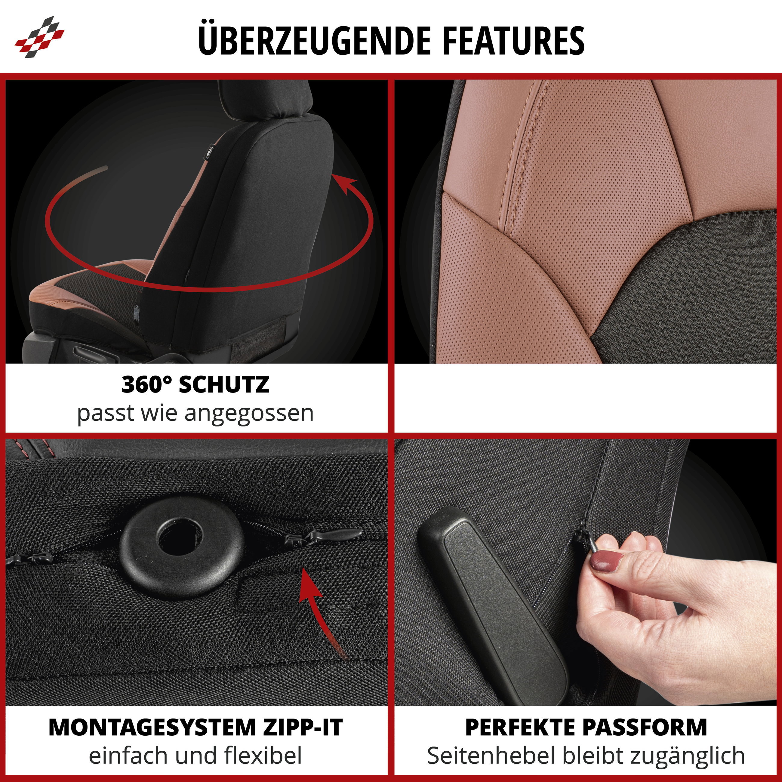Autositzbezug ZIPP-IT Deluxe Hampton, PKW-Schonbezüge für 2 Vordersitze mit Reißverschluss-System schwarz/braun