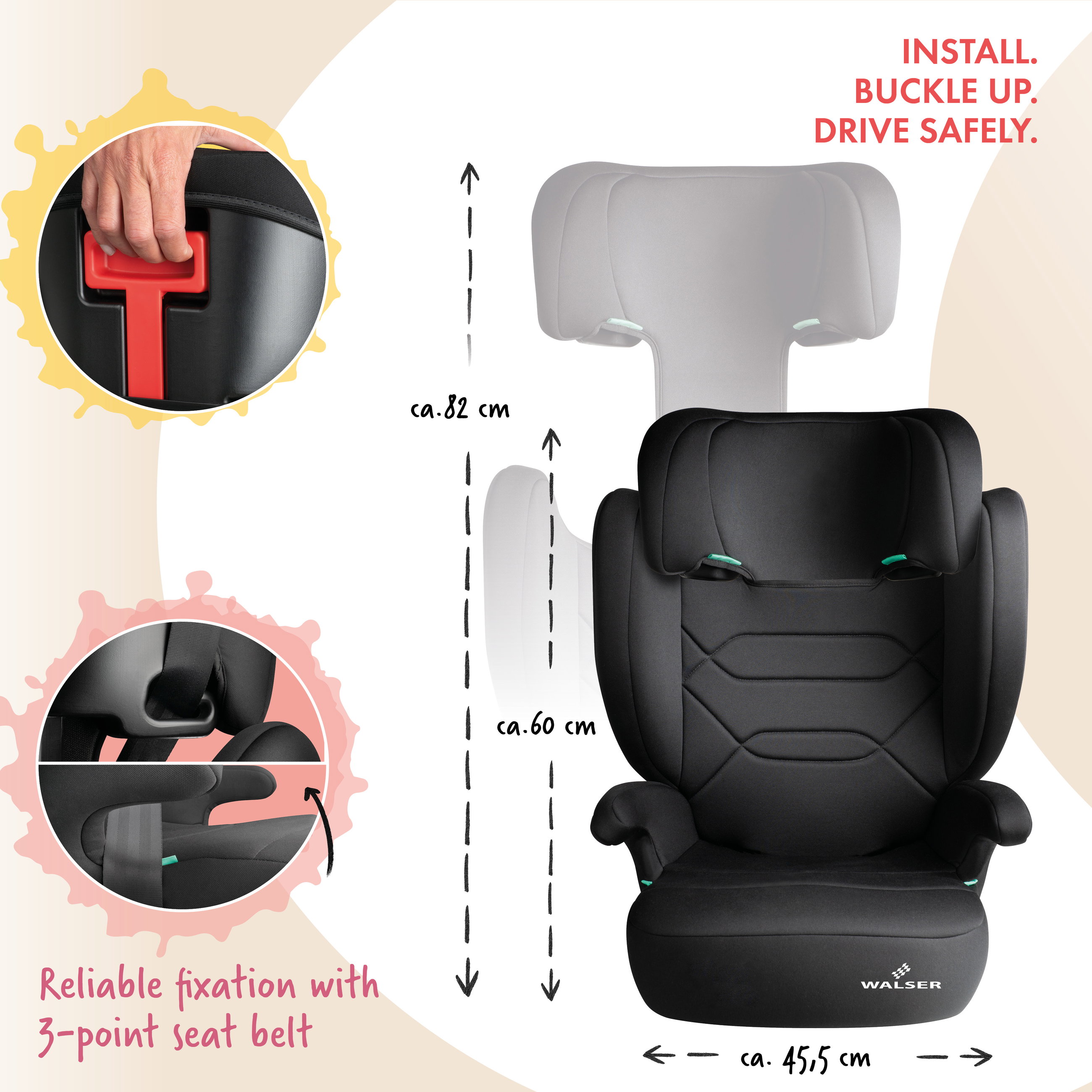 Numa car child seat with ISOFIX rails, comfortable child seat (3-8 years) 100-150 cm, 2in1 car child seat with removable backrest and adjustable headrest ECE R 129 certified black