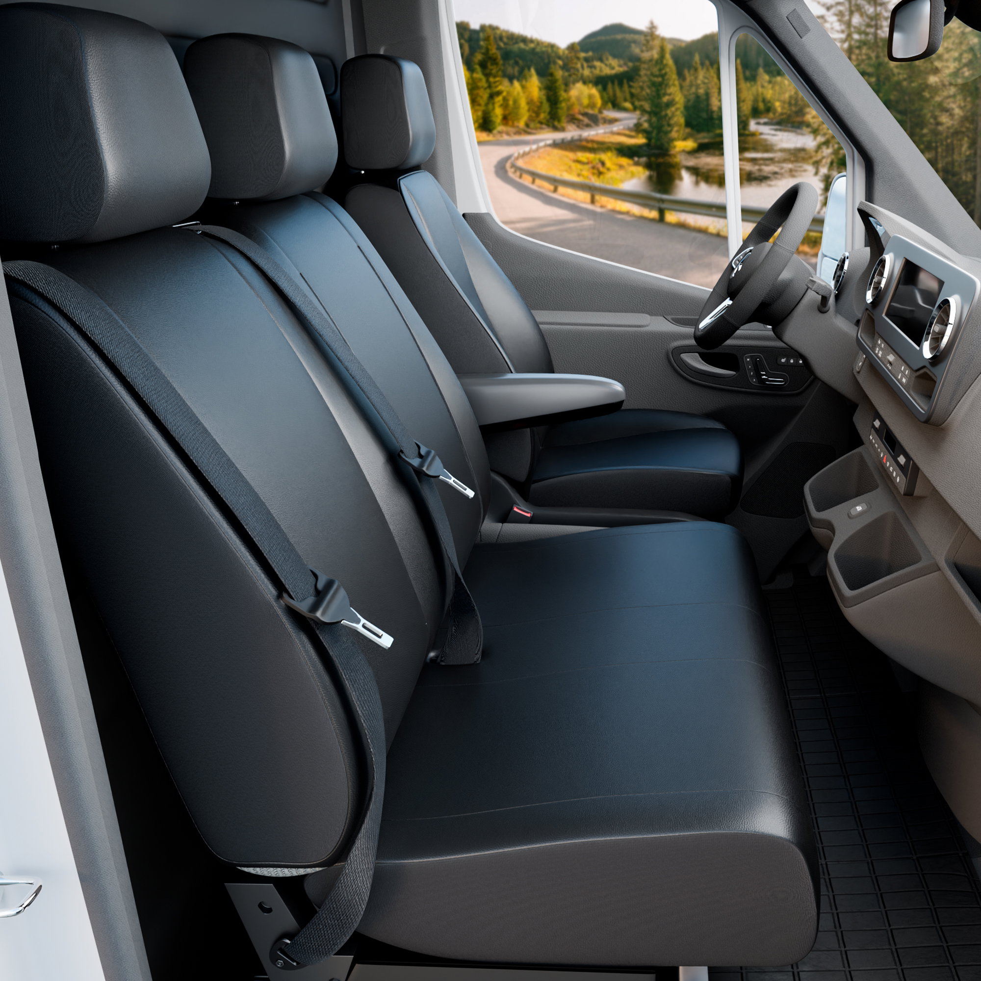 Interieur, Kopfstützen, Sitzgurt, Ledersitze, Vansitze, Kraftstoff Fahrzeug, Vordersitz, Gurtband, Schwarz Leder, Frontkabine