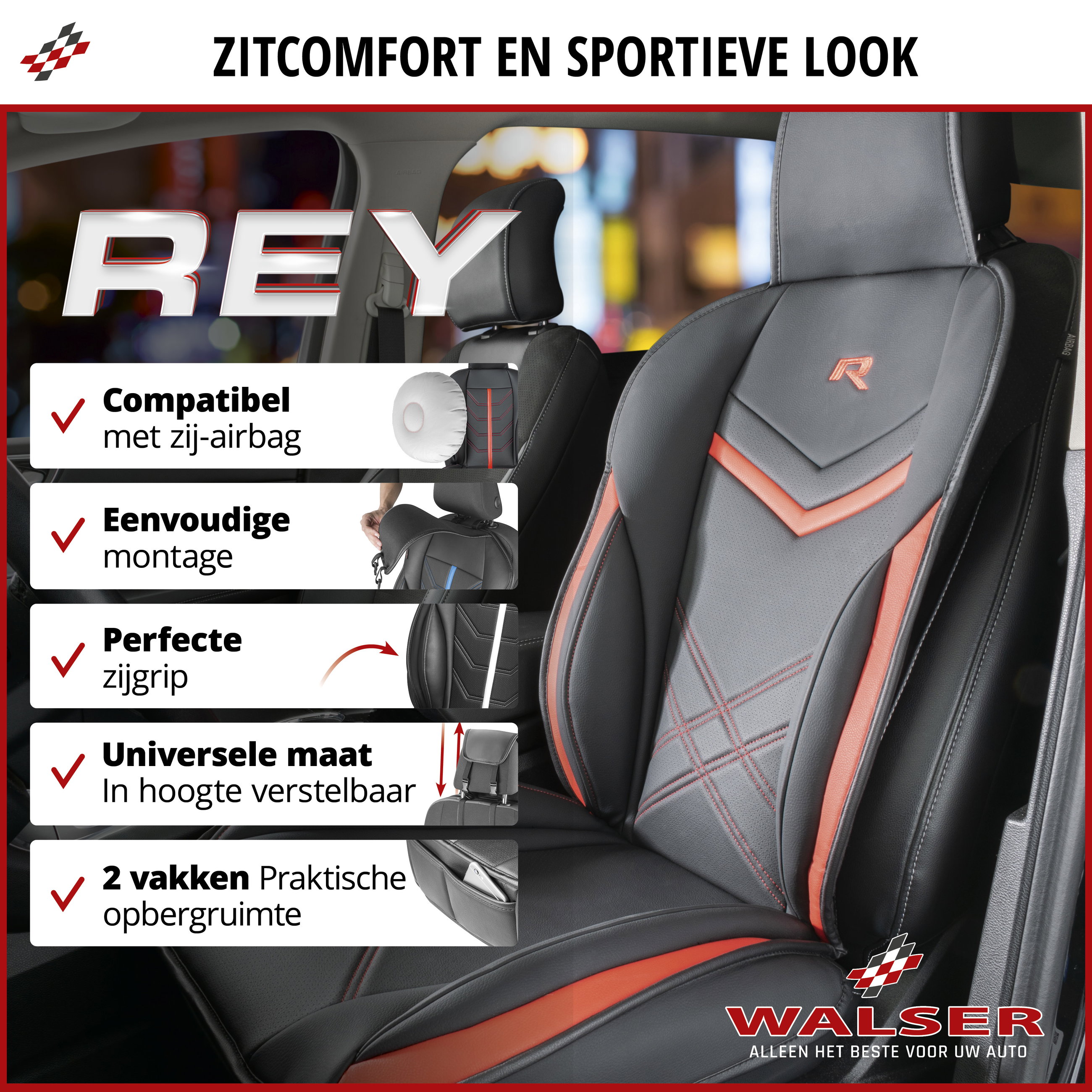 Autostoelhoes, universele stoelhoes en beschermmat in zwart-rood, stoelbeschermer voor auto's en vrachtwagens in racing look, 1 stuk