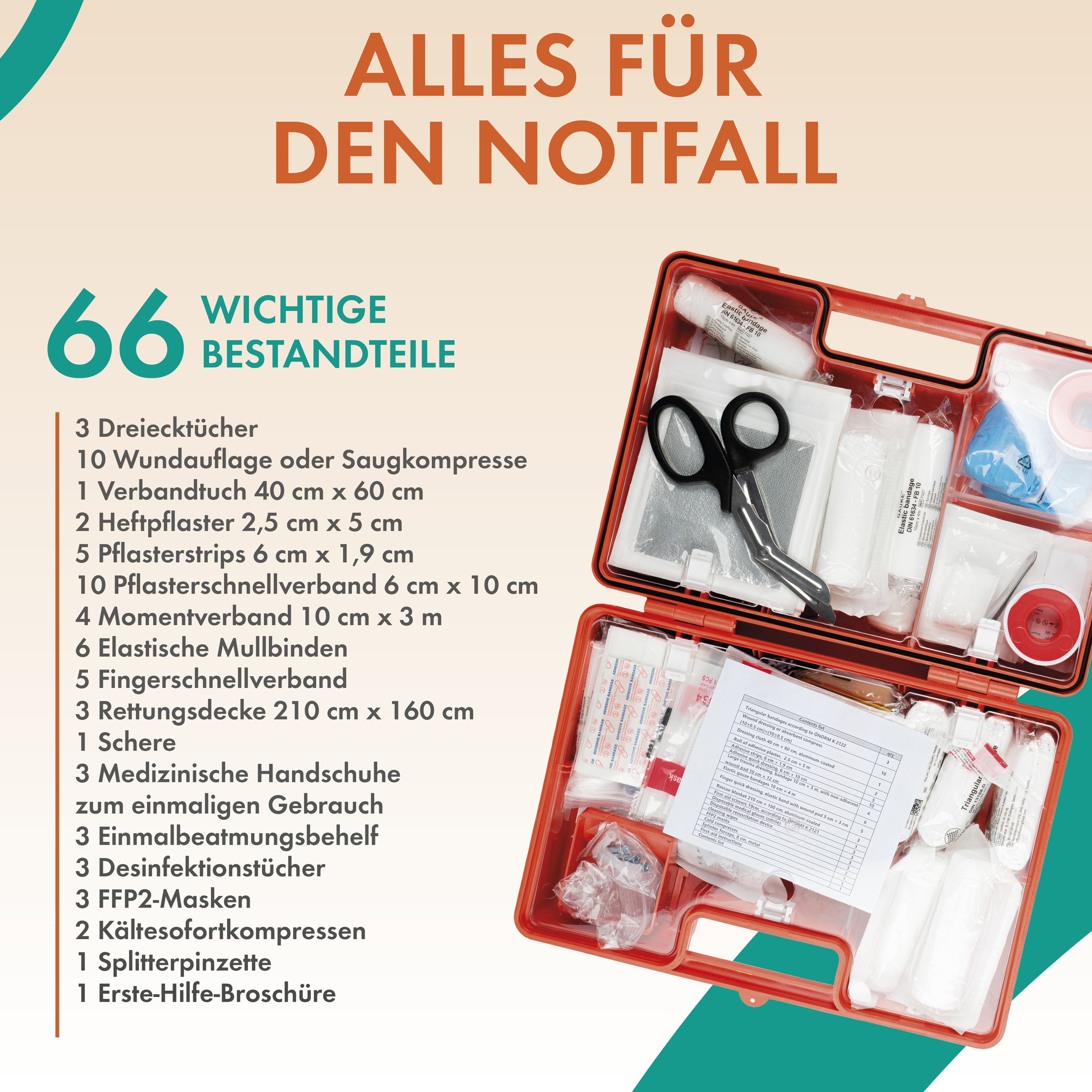 Erste-Hilfe-Set nach Ö-Norm Z1020:2025, Betriebsverbandskasten inkl. Wandhalterung, 66-teiliger Sanitätskasten, Verbandsksten für Betriebe und Baustellen, Erste Hilfe Kasten für Büro/Zuhause